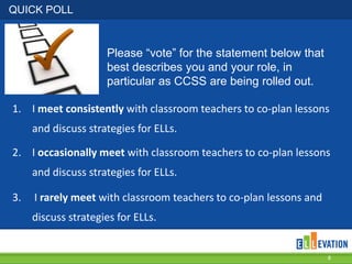 QUICK POLL
1. I meet consistently with classroom teachers to co-plan lessons
and discuss strategies for ELLs.
8
Please “vote” for the statement below that
best describes you and your role, in
particular as CCSS are being rolled out.
3. I rarely meet with classroom teachers to co-plan lessons and
discuss strategies for ELLs.
2. I occasionally meet with classroom teachers to co-plan lessons
and discuss strategies for ELLs.
 