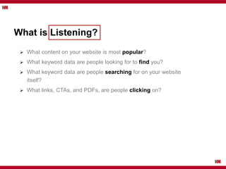 What is Listening?
 What content on your website is most popular?
 What keyword data are people looking for to find you?...