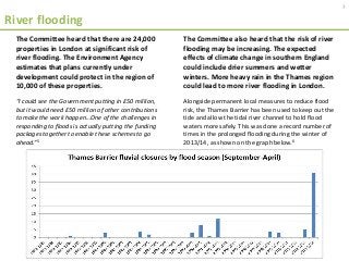 River flooding
The Committee heard that there are 24,000
properties in London at significant risk of
river flooding. The Environment Agency
estimates that plans currently under
development could protect in the region of
10,000 of these properties.
“I could see the Government putting in £50 million,
but it would need £50 million of other contributions
to make the work happen…One of the challenges in
responding to floods is actually putting the funding
packages together to enable these schemes to go
ahead.”5
7
The Committee also heard that the risk of river
flooding may be increasing. The expected
effects of climate change in southern England
could include drier summers and wetter
winters. More heavy rain in the Thames region
could lead to more river flooding in London.
Alongside permanent local measures to reduce flood
risk, the Thames Barrier has been used to keep out the
tide and allow the tidal river channel to hold flood
waters more safely. This was done a record number of
times in the prolonged flooding during the winter of
2013/14, as shown on the graph below.6
 