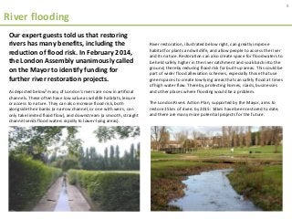River flooding
Our expert guests told us that restoring
rivers has many benefits, including the
reduction of flood risk. In February 2014,
the London Assembly unanimously called
on the Mayor to identify funding for
further river restoration projects.
As depicted below7 many of London’s rivers are now in artificial
channels. These often have low value as wildlife habitats, leisure
or access to nature. They can also increase flood risk, both
alongside their banks (a narrow channel, or one with weirs, can
only take limited flood flow), and downstream (a smooth, straight
channel sends flood waters rapidly to lower-lying areas).
River restoration, illustrated below right, can greatly improve
habitat for plants and wildlife, and allow people to access the river
and its nature. Restoration can also create space for flood waters to
be held safely higher in the river catchment and soak back into the
ground, thereby reducing flood risk for built-up areas. This could be
part of wider flood alleviation schemes, especially those that use
green spaces to create low-lying areas that can safely flood at times
of high water flow. Thereby, protecting homes, roads, businesses
and other places where flooding would be a problem.
The London Rivers Action Plan, supported by the Mayor, aims to
restore 15km of rivers by 2015: 14km have been restored to date,
and there are many more potential projects for the future.
8
 