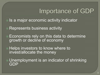  Is   a major economic activity indicator
 Represents    business activity
 Economists rely on this data to determine
 growth or decline of economy
 Helps investors to know where to
 invest/allocate the money
 Unemployment      is an indicator of shrinking
 GDP
                                                   3
 