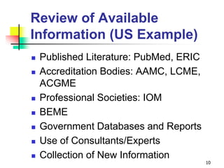 Review of Available
Information (US Example)
 Published Literature: PubMed, ERIC
 Accreditation Bodies: AAMC, LCME,
ACGME
 Professional Societies: IOM
 BEME
 Government Databases and Reports
 Use of Consultants/Experts
 Collection of New Information
10
 