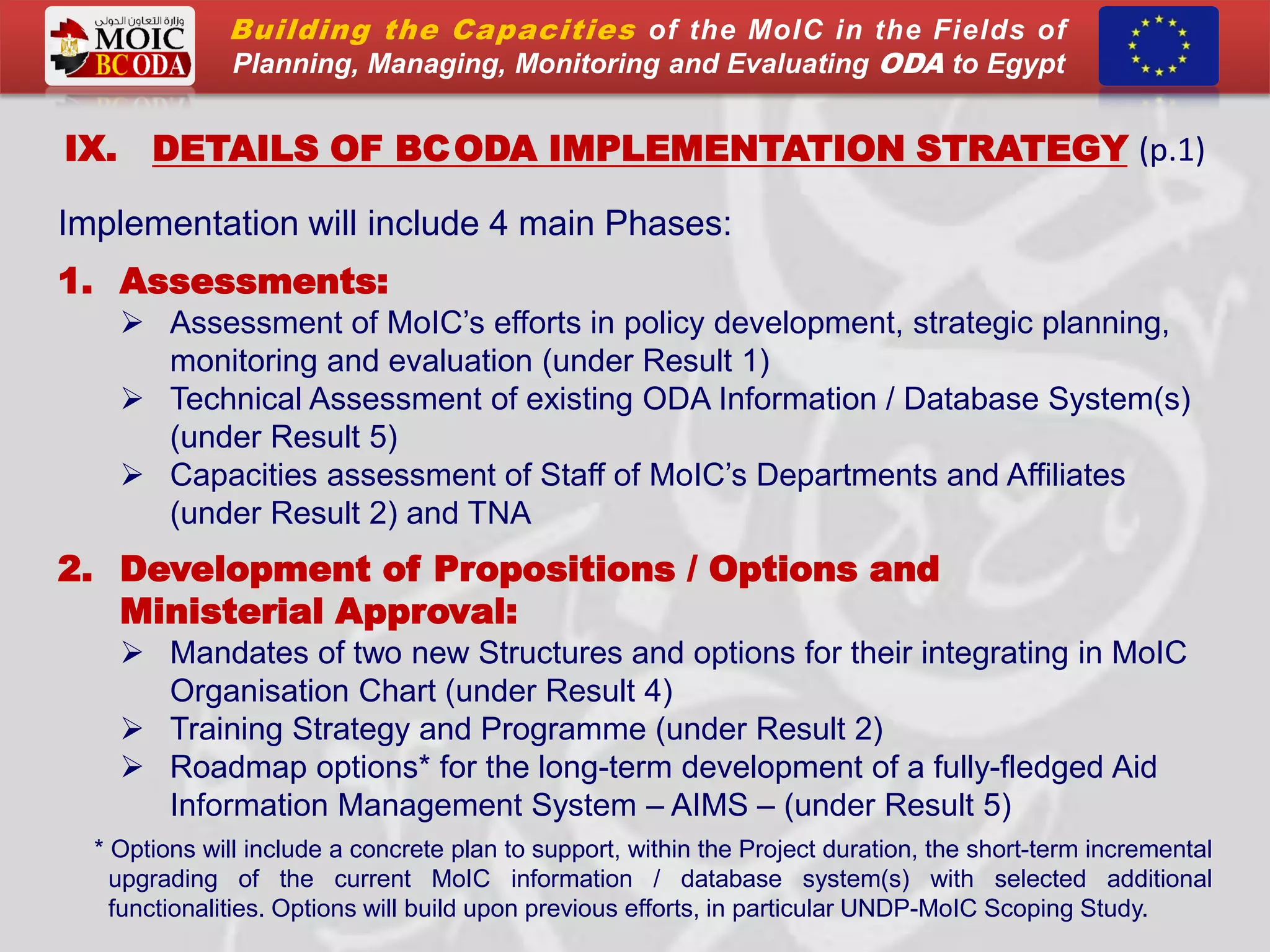 IX. DETAILS OF BCODA IMPLEMENTATION STRATEGY (p.1)
Implementation will include 4 main Phases:
1. Assessments:
 Assessment of MoIC’s efforts in policy development, strategic planning,
monitoring and evaluation (under Result 1)
 Technical Assessment of existing ODA Information / Database System(s)
(under Result 5)
 Capacities assessment of Staff of MoIC’s Departments and Affiliates
(under Result 2) and TNA
2. Development of Propositions / Options and
Ministerial Approval:
 Mandates of two new Structures and options for their integrating in MoIC
Organisation Chart (under Result 4)
 Training Strategy and Programme (under Result 2)
 Roadmap options* for the long-term development of a fully-fledged Aid
Information Management System – AIMS – (under Result 5)
* Options will include a concrete plan to support, within the Project duration, the short-term incremental
upgrading of the current MoIC information / database system(s) with selected additional
functionalities. Options will build upon previous efforts, in particular UNDP-MoIC Scoping Study.
Building the Capacities of the MoIC in the Fields of
Planning, Managing, Monitoring and Evaluating ODA to Egypt
 