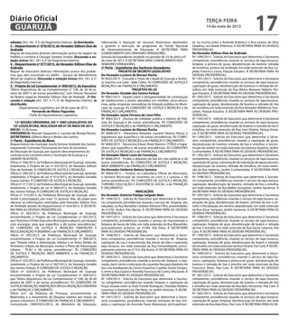 adiadas (Art. 181, § 2º do Regimento Interno). Já distribuído.
3 – Requerimento nº 076/2013, do Vereador Edilson Dias de
Andrade
Requer do Executivo diversas informações acerca da viagem da
Prefeita e comitiva à Chicago, Estados Unidos. Discussão e vo-
tação únicas (Art. 181, § 2º do Regimento Interno).
4 – Requerimento nº 077/2013, do Vereador Edilson Dias de
Andrade
Requer do Executivo diversas informações acerca dos proble-
mas que vêm ocorrendo no SAMU – Serviço de Atendimento
Móvel de Urgência. Discussão e votação únicas (Art. 181, § 2º
do Regimento Interno).
5 – Projeto de Lei Complementar nº 009/2013, do Executivo
“Altera dispositivos da Lei Complementar nº 108, de 26 de ja-
neiro de 2007 e dá outras providências”, com Parecer favorável
do Relator especial, Vereador Edilson Dias de Andrade. 2ª Dis-
cussão e votação (Art. 181, § 1º, “e” do Regimento Interno). Já
distribuído.
Departamento Legislativo, em 09 de maio de 2013.
Fernando de Matos Fagundes
Chefe do Departamento Legislativo
12ª SESSÃO ORDINÁRIA, DO 1º ANO LEGISLATIVO, DA
16ª LEGISLATURA, REALIZADA EM 07 DE MAIO DE 2013.
INÍCIO: 15:38 horas.
PRESIDÊNCIA: Marcelo Squassoni e Luciano de Moraes Rocha.
SECRETARIAS: Gilberto Benzi e Walter dos Santos.
1ª Parte – Expediente da Mesa:
Requerimento da munícipe Josefa Simone Andrade dos Santos
requerendo Comissão Processante em face da Secretária
de Educação de Guarujá, por suposto descumprimento do
contrato e/ou convênio entre o município de Guarujá e a
UNAERP. REJEITADO.
Ofício nº 304/2013, da Prefeitura Municipal de Guarujá, vetando,
totalmente, o Projeto de Lei nº 032/2013, do Vereador Edilson
Dias de Andrade. À COMISSÃO DE JUSTIÇA E REDAÇÃO.
Ofício nº 290/2013, da Prefeitura Municipal de Guarujá, vetando,
totalmente, o Projeto de Lei nº 013/2013, do Vereador Geraldo
Soares Galvão. À COMISSÃO DE JUSTIÇA E REDAÇÃO.
Ofício nº 317/2013, da Prefeitura Municipal de Guarujá, vetando,
totalmente, o Projeto de Lei nº 006/2013, do Vereador Givaldo
dos Santos Feitoza. À COMISSÃO DE JUSTIÇA E REDAÇÃO.
Ofício nº 313/2013, da Prefeitura Municipal de Guarujá, solici-
tando a prorrogação, por mais 15 (quinze) dias, do prazo para
oferecer as informações solicitadas pelo Vereador Edilson Dias
de Andrade através do Requerimento nº 034/2013. À SECRETA-
RIA PARA AS DEVIDAS PROVIDÊNCIAS.
Ofício nº 303/2013, da Prefeitura Municipal de Guarujá,
encaminhando o Projeto de Lei Complementar nº 007/2013,
que“Autoriza o Poder Executivo Municipal a adquirir, por doação
com encargos, área que especifica e dá outras providências.”.
ÀS COMISSÕES DE JUSTIÇA E REDAÇÃO, HABITAÇÃO E
REGULARIZAÇÃO FUNDIÁRIA e de FINANÇAS E ORÇAMENTO.
Ofício nº 295/2013, da Prefeitura Municipal de Guarujá,
encaminhando o Projeto de Lei Complementar nº 008/2013,
que “Dispõe sobre a Arborização Urbana e as Áreas Verdes do
Perímetro Urbano do Município, institui o Plano de Arborização
Urbana - PLAU e dá outras providências”. ÀS COMISSÕES
DE JUSTIÇA E REDAÇÃO, MEIO AMBIENTE e de FINANÇAS E
ORÇAMENTO.
Ofício nº 323/2013, da Prefeitura Municipal de Guarujá, vetando,
totalmente, o Projeto de Lei nº 007/2013, do Vereador Givaldo
dos Santos Feitoza. À COMISSÃO DE JUSTIÇA E REDAÇÃO.
Ofício nº 324/2013, da Prefeitura Municipal de Guarujá,
encaminhando o Projeto de Lei Complementar nº 009/2013,
que “Altera dispositivos da Lei Complementar nº 108, de 26 de
janeiro de 2007 e dá outras providências.”. ÀS COMISSÕES DE
JUSTIÇAEREDAÇÃO,HABITAÇÃOEREGULARIZAÇÃOFUNDIÁRIA
e de FINANÇAS E ORÇAMENTO.
Ofício s/nº, da Diretoria de Finanças, encaminhando os
Balancetes e o movimento da Despesa relativo aos meses de
janeiro e fevereiro. À COMISSÃO DE FINANÇAS E ORÇAMENTO.
Comunicado CM033433/2013, do Ministério da Educação,
informando a liberação de recursos financeiros destinados
a garantir a execução de programas do Fundo Nacional
de Desenvolvimento da Educação. À SECRETARIA PARA
CONHECIMENTO DOS SENHORES VEREADORES.
Súmula do Expediente recebido no período de 23 de abril a 07
de maio de 2013. À SECRETARIA PARA CONHECIMENTO DOS
SENHORES VEREADORES.
2ª Parte – Expediente dos Senhores Vereadores:
PROJETO DE DECRETO LEGISLATIVO
Do Vereador Luciano de Moraes Rocha
Nº 0023/2013 - Concede o Título de Cidadã de Guarujá a Senho-
ra Iracema Lira Leite - Mãe Catita. ÀS COMISSÕES DE JUSTIÇA E
REDAÇÃO e de FINANÇAS E ORÇAMENTO.
PROJETOS DE LEI
Do Vereador Givaldo dos Santos Feitoza
Nº 0067/2013 - Dispõe sobre a obrigatoriedade de contratação
de adolescentes e jovens atendidos em medidas sócio-educa-
tivas, pelas empresas vencedoras de licitação pública no Muni-
cípio de Guarujá. ÀS COMISSÕES DE JUSTIÇA E REDAÇÃO e de
FINANÇAS E ORÇAMENTO.
Do Vereador Jaime Ferreira de Lima Filho
Nº 0065/2013 - Declara de utilidade pública o Grêmio de Poli-
ciais de Guarujá e dá outras providências. ÀS COMISSÕES DE
JUSTIÇA E REDAÇÃO e de FINANÇAS E ORÇAMENTO.
Do Vereador Luciano de Moraes Rocha
Nº 0068/2013 - Denomina Vereador Laurenil Silveira (Noca) o
logradouro que especifica e dá outras providências. ÀS COMIS-
SÕES DE JUSTIÇA E REDAÇÃO e de FINANÇAS E ORÇAMENTO.
Nº 0069/2013 - Denomina Edson Alves Martins (TITÃO) o logra-
douro que especifica e dá outras providências. ÀS COMISSÕES
DE JUSTIÇA E REDAÇÃO e de FINANÇAS E ORÇAMENTO.
Do Vereador Mário Lúcio da Conceição
Nº 0066/2013 - Proíbe o depósito de lixo em vias públicas e dá
outras providências. ÀS COMISSÕES DE JUSTIÇA E REDAÇÃO,
MEIO AMBIENTE e de FINANÇAS E ORÇAMENTO.
Do Vereador Valdemir Batista Santana
Nº 0064/2013 – “Institui no Calendário Oficial do Município,
a Semana Municipal de Incentivo ao Livro e a Leitura, e dá
outras providências”. ÀS COMISSÕES DE JUSTIÇA E REDAÇÃO,
TURISMO, EDUCAÇÃO E ASSISTÊNCIA SOCIAL e de FINANÇAS
E ORÇAMENTO.
INDICAÇÕES
Do Vereador Antonio Fidalgo Salgado Neto
Nº 1446/2013 - Solicita do Executivo que determine à Secreta-
ria competente, providências visando o serviço de limpeza das
calçadas, na Rua Benedito Cardoso Adriano Filho, proximidades
do nº230, Jardim Três Marias. À SECRETARIA PARA AS DEVIDAS
PROVIDÊNCIAS.
Nº 1447/2013 - Solicita do Executivo que determine à Secretaria
competente, providências visando o serviço de manutenção e
limpeza de bocas de lobo, em toda extensão da Rua Maranhão,
principalmente próximo ao nº209, Vila Edna. À SECRETARIA
PARA AS DEVIDAS PROVIDÊNCIAS.
Nº 1448/2013 - Solicita do Executivo que determine à Secre-
taria competente, providências visando o serviço de limpeza,
capinação da rua e manutenção das bocas de lobo e operação
tapa buracos, em toda extensão da Rua Fernandópolis, princi-
palmente próximo ao nº153, Vila Áurea. À SECRETARIA PARA AS
DEVIDAS PROVIDÊNCIAS.
Nº 1449/2013 - Solicita do Executivo que determine à Secretaria
competente, providências visando o serviço de limpeza e capi-
nação, bem como a colocação de caçamba fixa para depósito de
lixo, nas imediações do Centro Esportivo Capitão Dante Sinópo-
li, entre a Rua Guaíra e Avenida Francisco de Castro, Vila áurea. À
SECRETARIA PARA AS DEVIDAS PROVIDÊNCIAS.
Nº 1450/2013 - Solicita do Executivo que determine à Secreta-
ria competente, providências visando limpeza e capinação da
Praça situada entre as Ruas Estrela Rodrigues, Oswaldo Rubens
Lourenço e Avenida Luis Del Nero, no Jardim Astúrias. À SECRE-
TARIA PARA AS DEVIDAS PROVIDÊNCIAS.
Nº 1451/2013 - Solicita do Executivo que determine à Secre-
taria competente, providências visando remoção de lixo, lim-
peza e capinação da Avenida Paulo Matarazzo, principalmen-
te, no trecho entre a Avenida Atlântica e Rua Leonor da Silva
Quadros, na Cidade Atlãntica. À SECRETARIA PARA AS DEVIDAS
PROVIDÊNCIAS.
Do Vereador Edilson Dias de Andrade
Nº 1390/2013 - Solicita do Executivo que determine à Secretaria
competente, providências visando os serviços de tapa buracos,
limpeza, e pintura de guias, desobstrução de bueiros, retirada
de entulhos, pintura de lombada, em toda extensão da Rua Ca-
pitão Francisco Lessa, Parque Estuário. À SECRETARIA PARA AS
DEVIDAS PROVIDÊNCIAS.
Nº 1391/2013 - Solicita do Executivo que determine à Secretaria
competente, providências visando os serviços de tapa buracos,
capinação de guias, desobstrução de bueioros e retirada de en-
tulhos, em toda extensão da Rua Albino Marques Nabeto, Par-
que Estuário. À SECRETARIA PARA AS DEVIDAS PROVIDÊNCIAS.
Nº 1392/2013 - Solicita do Executivo que determine à Secretaria
competente, providências visando os serviços de tapa buracos,
capinação de guias, desobstrução de bueiros e retirada de lixo
de entulhos, em toda extensão da Rua Vereador Waldemar Gon-
çalves, Parque Estuário. À SECRETARIA PARA AS DEVIDAS PRO-
VIDÊNCIAS.
Nº 1393/2013 - Solicita do Executivo que determine à Secretaria
competente, providências visando os serviços de tapa buracos,
capinação de guias, desobstrução de bueiros e retirada de lixo e
entulhos, em toda extensão da Rua José Silveira, Parque Estuá-
rio. À SECRETARIA PARA AS DEVIDAS PROVIDÊNCIAS.
Nº 1394/2013 - Solicita do Executivo que determine à Secre-
taria competente, providências visando a capinação de guias,
desobstrução de bueiros, retirada de lixo e entulhos e recons-
trução do asfalto em toda extensão da travessa Itapema, Jardim
Cunhambebe. À SECRETARIA PARA AS DEVIDAS PROVIDÊNCIAS.
Nº 1395/2013 - Solicita do Executivo que determine à Secretaria
competente, providências visando os serviços de tapa buracos,
capinação de guias, substituição de tubulação de águas pluviais,
desobstrução de bueiros, retirada de entulhos, em toda exten-
são da Rua Itapema, Jardim Cunhambebe. À SECRETARIA PARA
AS DEVIDAS PROVIDÊNCIAS.
Nº 1396/2013 - Solicita do Executivo que determine à Secreta-
ria competente, providências visando o serviço de tapa buraco,
capinação, desobstrução de bueiros, retirada de lixo e entulho,
em toda extensão da Rua Walter Gonçalves, Jardim Santense. À
SECRETARIA PARA AS DEVIDAS PROVIDÊNCIAS.
Nº 1397/2013 - Solicita do Executivo que determine à Secretaria
competente, providências visando o serviço de tapa buraco, ca-
pinação de guia, desobstrução de bueiro, retirada de lixo e en-
tulho e fiscalização em terreno abandonado, em toda extensão
da Rua Oscar Sampaio, Jardim Santense. À SECRETARIA PARA AS
DEVIDAS PROVIDÊNCIAS.
Nº 1398/2013 - Solicita do Executivo que determine à Secretaria
competente, providências visando os serviço de tapa buracos,
capinação, limpeza de guia, desobstrução de bueiro e retirada
de lixo e entulho, em toda extensão da Rua Santa Catarina, Pae
Cará. À SECRETARIA PARA AS DEVIDAS PROVIDÊNCIAS.
Nº 1399/2013 - Solicita do Executivo que determine à Secretaria
competente, providências visando os serviço de tapa buracos,
capinação, limpeza de guia, desobstrução de bueiro e retirada
de entulho, em toda extensão da Rua Paraná, Pae Cará. À SECRE-
TARIA PARA AS DEVIDAS PROVIDÊNCIAS.
Nº 1400/2013 - Solicita do Executivo que determine à Secre-
taria competente, providências visando o serviço de tapa bu-
racos, capinação, limpeza e pintura de guias, desobstrução de
bueiros e retirada de lixo e entulho em toda extensão da Rua
Francisco Alves, Pae Cará. À SECRETARIA PARA AS DEVIDAS
PROVIDÊNCIAS.
Nº 1401/2013 - Solicita do Executivo que determine à Secretaria
competente, providências visando o serviço de tapa buracos,
capinação de guias, desobstrução de bueiros e retirada de lixo
e entulho em toda extensão da Rua Belo Horizonte, Pae Cará. À
SECRETARIA PARA AS DEVIDAS PROVIDÊNCIAS.
Nº 1402/2013 - Solicita do Executivo que determine à Secretaria
competente, providências visando os serviços de tapa buracos,
capinação de guias, limpeza, desobstrução de bueiros, em toda
extensão da Rua BelaVista, Pae Cará. À SECRETARIA PARA AS DE-
terça-feira
14 de maio de 2013
17GUARUJÁ
Diário Oficial
 