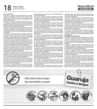 VIDAS PROVIDÊNCIAS.
Nº 1403/2013 - Solicita do Executivo que determine à Secretaria
competente, providências visando o serviço de tapa buracos,
desobstrução de bueiros e reconstrução do asfalto, em toda
extensão da Rua são Pedro, Pae Cará. À SECRETARIA PARA AS
DEVIDAS PROVIDÊNCIAS.
Nº 1404/2013 - Solicita do Executivo que determine à Secreta-
ria competente, providências visando o serviço de tapa buraco,
capinação de guias, desobstrução de bueiros e retirada de lixo e
entulho, em toda extensão da Rua Primeiro de Maio, Pae Cará. À
SECRETARIA PARA AS DEVIDAS PROVIDÊNCIAS.
Nº 1405/2013 - Solicita do Executivo que determine à Secretaria
competente, providências visando o serviço de tapa buracos,
desobstrução de bueiros e retirada de entulho, em toda exten-
são da Rua São Luiz, Pae Cará. À SECRETARIA PARA AS DEVIDAS
PROVIDÊNCIAS.
Nº 1406/2013 - Solicita do Executivo que determine à Secreta-
ria competente, providências visando o serviço de tapa buraco,
capinação de guias, desobstrução de bueiros e reconstrução
do asfalto, em toda extensão da Rua Cícero Soares da Silva, Pae
Cará. À SECRETARIA PARA AS DEVIDAS PROVIDÊNCIAS.
Nº 1407/2013 - Solicita do Executivo que determine à Secretaria
competente, providências visando o serviço de tapa buracos, ca-
pinação de guias, desobstrução de bueiros e retirada de entulho
e operação cata treco, em toda extensão da Rua Onze de Maio,
Pae Cará. À SECRETARIA PARA AS DEVIDAS PROVIDÊNCIAS.
Nº 1408/2013 - Solicita do Executivo que determine à Secretaria
competente, providências visando o serviço de tapa buracos,
capinação de guias, desobstrução de bueiros e retirada de en-
tulho, em toda extensão da Rua Independência, Pae Cará. À SE-
CRETARIA PARA AS DEVIDAS PROVIDÊNCIAS.
Nº 1409/2013 - Solicita do Executivo que determine à Secretaria
competente, providências visando o serviço de tapa buracos,
capinação e pintura de guias, desobstrução de bueiros e retira-
da de lixo e entulho, em toda extensão da Rua Pedro Lopes, Pae
Cará. À SECRETARIA PARA AS DEVIDAS PROVIDÊNCIAS.
Nº 1410/2013 - Solicita do Executivo que determine à Secretaria
competente, providências visando o serviço de tapa buracos,
capinação de guias, desobstrução de bueiros, em toda extensão
da Av. Manoel da Cruz Michael, Jardim São Manoel. À SECRETA-
RIA PARA AS DEVIDAS PROVIDÊNCIAS.
Nº 1411/2013 - Solicita do Executivo que determine à Secreta-
ria competente, providências visando o serviço de capinação
de guias e desobstrução de bueiros em toda extensão da Rua
Doutor Vivaldo Sales, Jardim São José. À SECRETARIA PARA AS
DEVIDAS PROVIDÊNCIAS.
Nº 1412/2013 - Solicita do Executivo que determine à Secretaria
competente, providências visando o serviço de tapa buracos,
capinação de guias e desobstrução de bueiros, em toda exten-
são da Rua Celina Pardal dos Santos,Vila Rosalina. À SECRETARIA
PARA AS DEVIDAS PROVIDÊNCIAS.
Nº 1413/2013 - Solicita do Executivo que determine à Secretaria
competente, providências visando o serviço de tapa buracos,
capinação de guias e desobstrução de bueiros, em toda exten-
são da Rua Felix Eulálio de Souza, Vila Rosalina. À SECRETARIA
PARA AS DEVIDAS PROVIDÊNCIAS.
Nº 1414/2013 - Solicita do Executivo que determine à Secreta-
ria competente, providências visando o serviço de capinação
de guias e desobstrução de bueiros, em toda extensão da Rua
Josefina Sório, Vila Santa Rosa. À SECRETARIA PARA AS DEVIDAS
PROVIDÊNCIAS.
Nº 1415/2013 - Solicita do Executivo que determine à Secreta-
ria competente, providências visando o serviço de capinação
de guias e desobstrução de bueiros, em toda extensão da Rua
Doutor Carlos Nerhing, Vila Santa Rosa. À SECRETARIA PARA AS
DEVIDAS PROVIDÊNCIAS.
Nº 1416/2013 - Solicita do Executivo que determine à Secreta-
ria competente, providências visando o serviço de capinação
de guias e desobstrução de bueiros, em toda extensão da Rua
Antonio da Costa Junior, Jardim Nancy. À SECRETARIA PARA AS
DEVIDAS PROVIDÊNCIAS.
Nº 1417/2013 - Solicita do Executivo que determine à Secretaria
competente, providências visando os serviços de tapa buracos,
capinação de guias e desobstrução de bueiros, em toda exten-
são da Rua João Thomaz Tangary, Vila Santa Rosa. À SECRETARIA
PARA AS DEVIDAS PROVIDÊNCIAS.
Nº 1418/2013 - Solicita do Executivo que determine à Secretaria
competente, providências visando o serviço de tapa buracos, ca-
pinação de guias e desobstrução de bueiros, em toda extensão
da Rua Marilúcia dos Santos Brito,Vila Santa Rosa. À SECRETARIA
PARA AS DEVIDAS PROVIDÊNCIAS.
Nº 1419/2013 - Solicita do Executivo que determine à Secre-
taria competente, providências visando o serviço de capina-
ção de guias e desobstrução de bueiros, em toda extensão
da Rua João Almeida, Vila Lygia. À SECRETARIA PARA AS DEVI-
DAS PROVIDÊNCIAS.
Nº 1420/2013 - Solicita do Executivo que determine à Secretaria
competente, providências visando o serviço de tapa buracos,
capinação de guias e desobstrução de bueiros, em toda exten-
são da Rua Antonio Fernandes, Vila Lygia. À SECRETARIA PARA
AS DEVIDAS PROVIDÊNCIAS.
Nº 1421/2013 - Solicita do Executivo que determine à Secretaria
competente, providências visando o serviço de tapa buracos,
capinação de guias e desobstrução de bueiros, em toda exten-
são da Rua Acácio Ferreira da Silva, Jardim são Manoel. À SECRE-
TARIA PARA AS DEVIDAS PROVIDÊNCIAS.
Nº 1422/2013 - Solicita do Executivo que determine à Secretaria
competente, providências visando o serviço de tapa buracos,
capinação de guias e desobstrução de bueiros, em toda exten-
são da Rua João Luiz da Silva, Jardim São José. À SECRETARIA
PARA AS DEVIDAS PROVIDÊNCIAS.
Nº 1423/2013 - Solicita do Executivo que determine à Secreta-
ria competente, providências visando o serviço de capinação
de guias e desobstrução de bueiros, em toda extensão da Rua
do Estaleiro, Jardim São José. À SECRETARIA PARA AS DEVIDAS
PROVIDÊNCIAS.
Do Vereador Elias José de Lima
Nº 1429/2013 - Solicita do Executivo que determine à Secretaria
competente, providências visando a capinação, limpeza, remo-
ção de lixo, manautenção de bocas de lobo, limpeza das gfa-
lerias de águas pluviais, pintura de guias e zeladoria em toda
extensão do sítio Outeiro. À SECRETARIA PARA AS DEVIDAS PRO-
VIDÊNCIAS.
Nº 1430/2013 - Solicita do Executivo que determine à Secretaria
competente, providências visando o serviço de tapa buraco na
Av. Adhemar de Barros, em toda extensão, Vila Santo Antonio. À
SECRETARIA PARA AS DEVIDAS PROVIDÊNCIAS.
Nº 1431/2013 - Solicita do Executivo que determine à Secretaria
competente, providências visando a instalação de poste de ilu-
minação e manutenção das iluminações públicas no conjunto
habitacional Wilson Sório, Santo Antônio. À SECRETARIA PARA
AS DEVIDAS PROVIDÊNCIAS.
Nº 1432/2013 - Solicita do Executivo que determine à Secretaria
competente, providências visando o serviço de capinação, lim-
peza, remoção de lixo, manutenção das bocas de lobo, limpeza
das galerias de águas pluviais, pintura de guias e zeladoria em
toda extensão da Rua das Ostreiras, Santa Maria. À SECRETARIA
PARA AS DEVIDAS PROVIDÊNCIAS.
Nº 1433/2013 - Solicita do Executivo que determine à Secretaria
competente, providências visando o serviço de capinação, lim-
peza, remoção de lixo, manutenção de boca de lobo, limpeza de
galeria de águas pluviais, pintura de guias e zeladoria em toda
terça-feira
14 de maio de 2013
18 GUARUJÁ
Diário Oficial
 