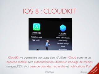M
ontpellier 
M
obile
@timoa#MtpMobile
IOS 8 : CLOUDKIT
CloudKit va permettre aux apps tiers d’utiliser iCloud comme un
backend mobile avec authentiﬁcation utilisateur, stockage de médias
(images, PDF, etc), base de données, recherche et notiﬁcations Push.
 