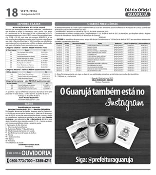 esporte e lazer
NOTIFICAÇÃO BOLSA ATLETA Nº 10/2013
No uso das atribuições legais a mim conferidas, atendendo o
que dispõem o artigo 5º combinado com o inciso II do artigo
6º e nos incisos III e IV do artigo 10º da Lei Municipal nº 3.815
complementada com a Lei nº 3827, com os Decretos Municipais
nºs 9708 e 10.165 com base no processo 8298/2013 e nas
informações de avaliação prestadas pela Comissão específica de
que trata o Decreto Municipal nº 9454, contidas nas solicitações
registradas no livro competente, notifica os abaixo relacionados
que suas solicitações foram aprovadas como segue:
Categoria Estadual – valor R$ 300,00 (trezentos reais)
Nº Proc. Interno Nome RG
031 Caio Henrique Dias da Silva 55.812.292-9
268 Carlos Santos Luz 13.005.779-4
121 Larissa Nascimento dos Santos 54.092.406-4
145 Manoel Rodrigues de Araújo 14.126.566-8
266 Maria José Tomaz de Aquino 52.197.819-1
200 Rodrigo de Lima Oliveira 48.973.842-4
223 Victor Medeiros dos Prazeres 49.969.702-9
229 Vinícius Dias Paiva dos Santos 40.642.350-7
Categoria Nacional – valor R$ 400,00 (quatrocentos reais)
Nº Proc. Interno Nome RG
269 Carlos Pierre Silva de Jesus 37.304.244-9
040 Danilo Cesário de Prado Marques 54.412.305-0
267 Diego Bernardino Fontes 44.048.363-3
Categoria Internacional – valor R$ 500,00 (quinhentos reais)
Nº Proc. Interno Nome RG
042 Danilo Rodrigues dos Santos 33.974.857-6
162 Marta Ramalho dos Santos 3009535-6
206 Sérgio Ricardo Santos do Carmo 23.034.090-8
As quantias a que se referem a concessão das bolsas serão pelo
prazo de 10 (dez) meses a contar do mês de junho de 2013.
Guarujá, 13 de junho de 2013.
Elson Maceió dos Santos
Secretário de Esporte e Lazer
saúde
Republicado por incorreção
Edital de Convocação Nº. 07/13 – Reunião ORDINÁRIA
O Conselho Municipal de Saúde, disposto pela Lei Federal nº.
8.142/90 nos termos da Lei Municipal nº. 3848, de 09 de setem-
bro de 2010, no uso de suas atribuições legais, convoca todos
os conselheiros, suplentes e população em geral, para Reunião
Ordinária a ser realizada no dia 14 de junho de 2013, na sede
deste Conselho, sito a Avenida Leomil, n° 518, – Centro, às dezes-
seis horas, para deliberar sobre a seguinte pauta:
I - Aprovação da Ata Anterior;
II - Informe dos Conselheiros;
III - Audiência Pública 1º Quadrimestre;
IV - Modernização da Gestão em Saúde;
V - Conferência Livre da Saúde da Mulher;
VI - Pavisa;
VII - Medicamentos;
VIII - Samu;
IX - Pediatria;
X- Conferência da Saúde .
ODEMIR BATISTA DA SILVA
Presidente
A Diretora Presidente do Fundo Especial de Previdência Social dos servidores públicos efetivos do Município de Guarujá, usando das
atribuições que lhe são conferidas por lei, e
Considerando o disposto no Decreto N° 10.173, de 18 de Janeiro de 2013;
Considerando as normas contidas na Lei Complementar n° 135, de 04 de abril de 2012, e alterações, que dispõem sobre o Regime
Próprio de Previdência Social (RPPS) do Município de Guarujá;
RESOLVE:
I – DEFERIR os benefícios de que trata o artigo 860 da Lei Complementar n° 135 de 04 de abril de 2012, aos servidores abaixo rela-
cionados, nos períodos descritos:
PORTARIA PRONT. PROCESSO INTERNO NOME BENEFÍCIO INÍCIO DO BENEFÍCIO FIM DO BENEFÍCIO
275/2013 16.006 022/2013 SILMA REGINA SANTOS F. DE GUSMÃO Auxílio Doença 07/06/2013 06/08/2013
276/2013 14.079 130/2013 MARILIS IZOLAN Auxílio Doença 12/06/2013 11/08/2013
277/2013 16.637 131/2013 MARILIS IZOLAN Auxílio Doença 12/06/2013 11/08/2013
278/2013 19.664 159/2013 RACHEL MAXWELL A. RODRIGUES Auxílio Doença 08/06/2013 08/08/2013
279/2013 11.867 172/2013 SONIA FERNANDES DOS SANTOS Auxílio Doença 10/06/2013 25/06/2013
280/2013 12.542 175/2013 LISSANDRA VAZ Auxílio Doença 31/05/2013 31/07/2013
281/2013 15.895 177/2013 FLAVIA REGINA SAMIA AVELINO Auxílio Doença 12/06/2013 11/08/2013
282/2013 16.105 219/2013 ANA MARIA GOURLAT DA MAIA Auxílio Doença 07/06/2013 27/06/2013
283/2013 14.295 222/2013 EDVALDO DE SOUZA AGUIAR Auxílio Doença 11/06/2013 26/06/2013
284/2013 19.077 223/2013 JONAS SILVA Auxílio Doença 09/06/2013 08/08/2013
285/2013 19.360 224/2013 FERNANDA CRISTIANE F. FRAGOSO Auxílio Doença 06/06/2013 16/07/2013
286/2013 5.729 225/2013 OLGA BENARIO DA SILVA Auxílio Doença 11/06/2013 11/07/2013
287/2013 17.985 186/2013 ZELIA HELENA DE OLIVEIRA Auxílio Doença 08/06/2013 15/06/2013
288/2013 16.224 205/2013 MARCIA DA SILVA E SILVA SANTOS Auxílio Doença 20/05/2013 05/06/2013
289/2013 12.044 214/2013 DELMA MARIA DE LIMA Auxílio Doença 05/06/2013 20/06/2013
II – Estas Portarias entrarão em vigor na data de sua publicação, retroativas ao início das concessões dos benefícios.
III – Publique-se e cumpra-se.
Guarujá, 13 de junho de 2013.
CELIA RODRIGUES RIBEIRO
Diretora Presidente
guarujá previdência
Fale com a Ouvidoria
0800-773-7000 • 3355-4211
sexta-feira
14 de junho de 2013
18 GUARUJÁ
Diário Oficial
 