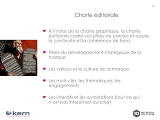 Charte éditoriale
A l’instar de la charte graphique, la charte
éditoriale cadre vos prises de paroles et assure
la continuité et la cohérence de fond
Piliers du développement stratégique de la
marque
Les valeurs et la culture de la marque
Les mots clés, les thématiques, les
engagements
Les interdits et les autorisations (tout ce qui
n’est pas interdit est autorisé)
29
 