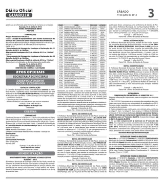 Diário Oficial
 GUARUJÁ
                                                                                                                                                             sábado
                                                                                                                                                             14 de julho de 2012
                                                                                                                                                                                                          3
pública, a ser efetivada pela Diretoria de Compras e Licitações.         PRONT.                   NOME                   PROCESSO      LOTAÇÃO    publicação deste, compareça junto a Diretoria de Gestão de Pes-
                   Guarujá, 13 de Julho de 2012                          13.296   AFONSO ELESBÃO JUNIOR                  20.132/2012   SEDECON    soas, desta Prefeitura Municipal, sito no Paço Raphael Vitiello - 2º
                   MARIA ANTONIETA DE BRITO                              14.835   AMÉRICO DOS SANTOS NETO                20.394/2012    SEDUC     andar - sala 65, no horário das 14 às 17 horas, com Sr. Paulo Manoel,
                             PREFEITA                                    13.312   ANDERSON DOS SANTOS BERNARDES          19.753/2012   SEDECON    para atender as solicitações contidas no processo nº 11.640/2009,
                                                                         11.548   ANDREA PROSDOCIMI                      19.552/2012     SEFIN    sobre valores pendentes a seu favor, de remuneração.	
                                                                          3.419   ANTONIO ADDIS FILHO                    20.195/2012     SEELA
                           COMUNICADO                                                                                                                                   Guarujá, 11 julho de 2012.
                                                                         13.326   CARLOS EDUARDO VARGAS DA SILVA         19.834/2012   SEDECON
Pregão Presencial nº 49/2012.                                                                                                                                   Flavio Poli - Diretor de Gestão de Pessoas
                                                                         13.087   CÉLIAS GONÇALVES SILVA DE SOUZA        20.130/2012    SEDUC
Objeto: Locação de equipamentos para auxílio na execução de              13.331   CLAUDEMIR DE ROSSI                     19.566/2012   SEDECON
serviços dos Centros de Apoio Operacional desta Prefeitura.              14.866   DANIELA FERNANDA DE CARVALHO           20.186/2012    SEDUC                         EDITAL DE CONVOCAÇÃO
No aviso de abertura da licitação “Pregão Presencial nº 49/2012”, pu-    12.963   EDUARDO ALVES                          20.189/2012    SEDUC     A Prefeitura Municipal de Guarujá, Estado de São Paulo, através
blicado na edição de 07 de Julho de 2012 na Imprensa:                    11.483   FABIO JOSE GRACIA                      19.505/2012    SEDUC     da Secretaria Municipal de Administração, convoca a Sra. CAN-
ONDE SE LÊ:                                                              11.483   FÁBIO JOSÉ GRACIA                      20.406/2012    SEDUC     DIDA DE ALMEIDA RODRIGUES DIAS (Pront. 9.636), para que
“Encerramento da Entrega dos Envelopes e Declaração: dia 11              12.117   IRACEMA MARIA DIAS CHAVES              20.363/2012    SEDUC     no prazo de três (03) dias úteis a contar da publicação deste,
de Julho de 2012, às 14h55m.                                             12.537   IRENE WELLER DE HOLANDA                20.287/2012    SEDUC     compareça junto a Diretoria de Gestão de Pessoas, desta Prefei-
Abertura dos Envelopes: dia 11 de Julho de 2012, às 15h00m”.             12.977   ISABEL CRISTINA DE OLIVEIRA KURIBARA   19.172/2012    SEDUC     tura Municipal, sito no Paço Raphael Vitiello – 2º andar – sala 65,
LEIA-SE:                                                                 10.255   ITUO SATO                              17.487/2012     SESAU    no horário das 09:00 às 12:00 horas ou das 15:00hs às 17:00 ho-
                                                                          7.388   JAIRA DA SILVA PINTO                   20.748/2012    SEGOV
“Encerramento da Entrega dos Envelopes e Declaração: dia 23                                                                                       ras, com Sr. Flávio Poli, para atender as solicitações contidas no
                                                                          8.832   JORGE SILVEIRA                         20.407/2012     SEFIN
de Julho de 2012, às 14h55m.                                             14.585   JOSE MARIA DOS SANTOS JUNIOR           19.360/2012    SEDGU
                                                                                                                                                  processo nº 19.723/2012, que trata de Licença Prêmio.
Abertura dos Envelopes: dia 23 de Julho de 2012, às 15h00m”.             13.417   JULIO VENANCIO SALGADO JUNIOR          20.188/2012   SEDECON                         Guarujá, 11 julho de 2012.
Mantenham-se inalteradas as demais disposições publicadas.               15.120   LILIAM MIGUEL                          18.618/2012    SEDESC                 Flavio Poli - Diretor de Gestão de Pessoas
                  Guarujá, 12 de Julho de 2012                            5.757   LUCIANO DE MORAES ROCHA                18.588/2012    SEDGU
                  MÁRCIA FERNANDES ROCHA                                 14.588   LUIZ CARLOS DA SILVA                   18.977/2012    SEDGU                          EDITAL DE CONVOCAÇÃO
             DIRETORA DE COMPRAS E LICITAÇÕES                            14.374   MARCELO GASPAR PINTO                   20.324/2012     SESAU    A Prefeitura Municipal de Guarujá, Estado de São Paulo, através
                                                                          9.953   MARINALVA FRANCISCO DA SILVA           20.187/2012    SEDUC     da Secretaria Municipal de Administração, convoca a Sra. MIRIE
              Atos oficiais                                              13.458
                                                                         13.463
                                                                                  MARQUIEL FRANCISCO DE MELO
                                                                                  MAX NASCIMENTO DUDA
                                                                                                                         20.162/2012
                                                                                                                         19.441/2012
                                                                                                                                       SEDECON
                                                                                                                                       SEDECON
                                                                                                                                                  TEIXEIRA NUNES (Pront. 10.757), para que no prazo de três (03)
                                                                                                                                                  dias úteis a contar da publicação deste, compareça junto a Direto-
                                                                          6.708   NELSON HARDER                          20.131/2012    SEDUC
                                                                                                                                                  ria de Gestão de Pessoas, desta Prefeitura Municipal, sito no Paço
         secretaria municipais                                           11.066   SANDRA REGINA PRATA DEM OURA           19.434/2012    SEDUC
                                                                                                                                                  Raphael Vitiello – 2º andar – sala 65, no horário das 13:00 horas às
                                                                         16.758   TANIA CICERA SILVA DOS SANTOS          20.252/2012    SEDUC
                                                                                                                                                  17:00 horas, com Sr. Thiago, para atender as solicitações contidas
               desenvolvimento                                            8.549
                                                                          8.247
                                                                                  VALDINEI SANTOS
                                                                                  VALTER SUMAN
                                                                                                                         20.310/2012
                                                                                                                         19.960/2012
                                                                                                                                        SEDGU
                                                                                                                                         SESAU    no processo nº 11.832/2012, que trata do Pedido de Demissão. O
              social e cidadania                                         13.758   WILLIAM LANCELLOTTI                    20.238/2012     SEFIN    não comparecimento, a mais esta convocação, ensejará medidas
                                                                         12.096   YVIE CRISTINA FAVERO                   20.210/2012    SEDUC     judiciais cabíveis.		
                     EDITAL DE CONVOCAÇÃO                                14.034   ZOENIO GARCIA SIQUEIRA                 20.222/2012    SEMAM                           Guarujá, 11 julho de 2012.
O Conselho Municipal da Pessoa com Deficiência convoca os mem-                                                                                                  Flavio Poli - Diretor de Gestão de Pessoas
bros titulares e suplentes para a Assembléia Extraordinária que será    Outrossim, os servidores que não o fizeram, devem comparecer
realizada no dia 17 de julho de 2012 às 9 horas, na Rua Montenegro -    imediatamente junto a Diretoria de Gestão de Pessoas (2º andar),                                      ESTAGIÁRIOS:
                                                                        desta Prefeitura Municipal, sito a Av. Santos Dumont, n° 640, Santo              COMPROVAÇÃO DE MATRÍCULA 2º SEMESTRE 2012
Nº 455, Casa dos Conselhos – Centro, Guarujá. Com a seguinte pauta:
                                                                        Antônio, no horário das 8 às 12 horas e das 15 às 18 horas, para          Algumas informações importantes para os estagiários em atividade
- Conferência Estadual
                                                                        anexar aos seus processos comprovação de que são candidatos nas           na PMG:
- Capacitação dos Conselheiros                                          eleições de 2012 (Ata da Convenção Partidária).
- Semana da Pessoa com Deficiência que será em setembro                                                                                           1. Em 31/07/2012 encerram-se os contratos dos estagiários que con-
                                                                        Em um segundo momento, deverão retornar ao endereço e horários ci-
                    Guarujá, 13 de Julho de 2012.                                                                                                 cluem seu curso (técnico ou universitário) de graduação em 2012.
                                                                        tados anteriormente para juntar aos seus respectivos processos as do-
                   Maria Angélica de Araújo Cruz                                                                                                  Portanto estão impedidos de continuarem seu estágio após o en-
                                                                        cumentações relativas à Justiça Eleitoral, deferindo a sua candidatura.
                              Presidente                                                                                                          cerramento do contrato.
                                                                                            Guarujá, 13 de julho de 2012.
                                                                                                                                                  2. Para os estagiários que continuarão com contrato ativo, conforme
                                                                                      Flavio Poli - Diretor de Gestão de Pessoas
                         cultura                                                                                                                  o Artigo 3º - item 1 e Artigo 9º - item 6, da Lei 11.788 de 25/09/2008,
                                                                                                                                                  e Cláusula 5º do Contrato de Estágio, deverão apresentar declara-
                                                                                              EDITAL DE CONVOCAÇÃO
                          COMUNICADO                                    A Prefeitura Municipal de Guarujá, Estado de São Paulo, através da        ção de matrícula que comprove a regularidade de sua situação
Conforme Decreto nº 9.796 art.4º. § 1 e art.6.§ 4 publicado no Diário   Secretaria Municipal de Administração, convoca a Sra. SILVIA APA-         acadêmica para o 2º Semestre de 2012. O prazo de entrega é até
Oficial de Guarujá de 14 de março do ano vigente, instituindo o re-     RECIDA DE DEUS DA S. E SILVA (Pront. 17.583), para que no prazo           o dia 17 de agosto de 2012.
gulamento do III Concurso Pérolas da literatura- Edição 2012 comu-      de três (03) dias úteis a contar da publicação deste, compareça junto     3. Os que não comprovarem a matrícula no 2º semestre de
nicamos que o Ensaio Geral bem como, a Cerimônia de Premiação           a Diretoria de Gestão de Pessoas, desta Prefeitura Municipal, sito no     2012, nos respectivos cursos constantes do Contrato de Estágio,
III Concurso Pérolas da Literatura Edição 2012, será realizada no       Paço Raphael Vitiello – 2º andar – sala 65, no horário das 14:00 horas    terão seu contrato rescindido considerando-se a data de 31 de
seguinte endereço:                                                      às 17:00 horas, com Sr. Paulo Manoel, para atender as solicitações        julho 2012. Alertamos aos supervisores de estágio das diversas
                                                                        contidas no processo nº 17.419/2012. O não comparecimento, a              Secretarias, orientarem seus estagiários e, para aqueles já em re-
Local: Avenida Dom Pedro I, 3.300.
                                                                        mais esta convocação, ensejará medidas judiciais cabíveis.                cesso, entrarem em contato para alertar deste comunicado.
UNAERP (Universidade Ribeirão Preto) Enseada - Guarujá/ SP
                                                                                               Guarujá, 12 julho de 2012.                                        Secretaria Municipal de Administração
Ensaio geral
Data: 26 de julho                                                                      Flavio Poli - Diretor de Gestão de Pessoas
                                                                                                                                                                   EXTRATO DE TERMO DE RESCISÃO
Horário: 19h
                                                                                              EDITAL DE CONVOCAÇÃO                                Rescisão: n.º 1617/2012; Contrato: n.º 1439/2012; CONTRATANTE:
Cerimônia de Premiação
                                                                        A Prefeitura Municipal de Guarujá, Estado de São Paulo, através da        Município de Guarujá; Contratado(a): GABRIELLA SOUSA DE MOU-
Data: 27 de julho                                                                                                                                 RA SERAFIM; Objeto: Rescisão, do contrato temporário de prestação
Horário: 20h                                                            Secretaria Municipal de Administração, convoca o Sr. VINÍCIUS CE-
                                                                        ZAR DA SILVA (Pront. 15.083), para que no prazo de três (03) dias         de serviços, retroagindo seus efeitos a partir de 19/06/2012, a pedi-
                   Guarujá, 13 de julho de 2012.                                                                                                  do da contratada; Processo Administrativo:n.º 19495/3418/2012;
                                                                        úteis a contar da publicação deste, compareça junto a Diretoria de
                     Elson Maceió dos Santos                                                                                                      Data de assinatura: 28 de junho de 2012, Guarujá, 11 de julho de
                                                                        Gestão de Pessoas, desta Prefeitura Municipal, sito no Paço Raphael
                        Secretário de Cultura                                                                                                     2012; Kátia Cristina Cassiano Meles; Coordenadora III - Gestão de
                                                                        Vitiello – 2º andar – sala 65, no horário das 14:00 horas às 17:00 ho-
                                                                        ras, com Sr. Paulo Manoel, para atender as solicitações contidas no       Pessoas – Pront. nº 11.507.
                 administração                                          processo nº 17.653/2012. O não comparecimento, a mais esta con-
                                                                        vocação, ensejará medidas judiciais cabíveis.		                                           EXTRATO DE TERMO DE RESCISÃO
     AFASTAMENTO PARA CONCORRER A CARGO ELETIVO                                                Guarujá, 12 julho de 2012.                         Rescisão: n.º 1618/2012; Contrato: n.º 887/2012; CONTRATANTE:
                         ELEIÇÕES – 2012                                               Flavio Poli - Diretor de Gestão de Pessoas                 Município de Guarujá; Contratado(a): JAQUELINE GOMES DE OLI-
A Prefeitura Municipal de Guarujá, Estado de São Paulo, através da                                                                                VEIRA; Objeto: Rescisão, do contrato temporário de prestação de
Diretoria de Gestão de Pessoas torna publico a relação dos servido-                        EDITAL DE CONVOCAÇÃO                                   serviços, retroagindo seus efeitos a partir de 20/06/2012, a pedido
res que solicitaram desincompatibilização do serviço público pelo       A Prefeitura Municipal de Guarujá, Estado de São Paulo, através           da contratada; Processo Administrativo:n.º 19495/3418/2012;
período de três meses, para concorrer a cargo eletivo, em atendi-       da Secretaria Municipal de Administração, convoca o Sr. JOÃO              Data de assinatura: 28 de junho de 2012, Guarujá, 11 de julho de
mento as determinações da Lei Complementar Federal nº 64 de 18          AUGUSTO DA SILVA, que foi participante do Programa de Auxílio             2012; Kátia Cristina Cassiano Meles; Coordenadora III - Gestão de
de maio de 1990.                                                        Desemprego, para que no prazo de três (03) dias úteis a contar da         Pessoas – Pront. nº 11.507.
 