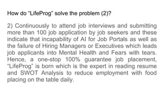 How do LifeProg solve the problem (2)?
2) Continuously to attend job interviews and submitting
more than 100 job application by job seekers and these
indicate that incapability of AI for Job Portals as well as
the failure of Hiring Managers or Executives which leads
job applicants into Mental Health and Fears with tears.
Hence, a one-stop 100% guarantee job placement,
LifeProg is born which is the expert in reading resume
and SWOT Analysis to reduce employment with food
placing on the table daily.
 
