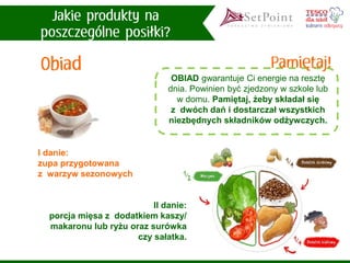 OBIAD gwarantuje Ci energie na resztę dnia. Powinien być zjedzony w szkole lub w domu. Pamiętaj, żeby składał się z dwóch dań i dostarczał wszystkich niezbędnych składników odżywczych. 
II danie: porcja mięsa z dodatkiem kaszy/ makaronu lub ryżu oraz surówka czy sałatka. 
I danie: zupa przygotowana z warzyw sezonowych  