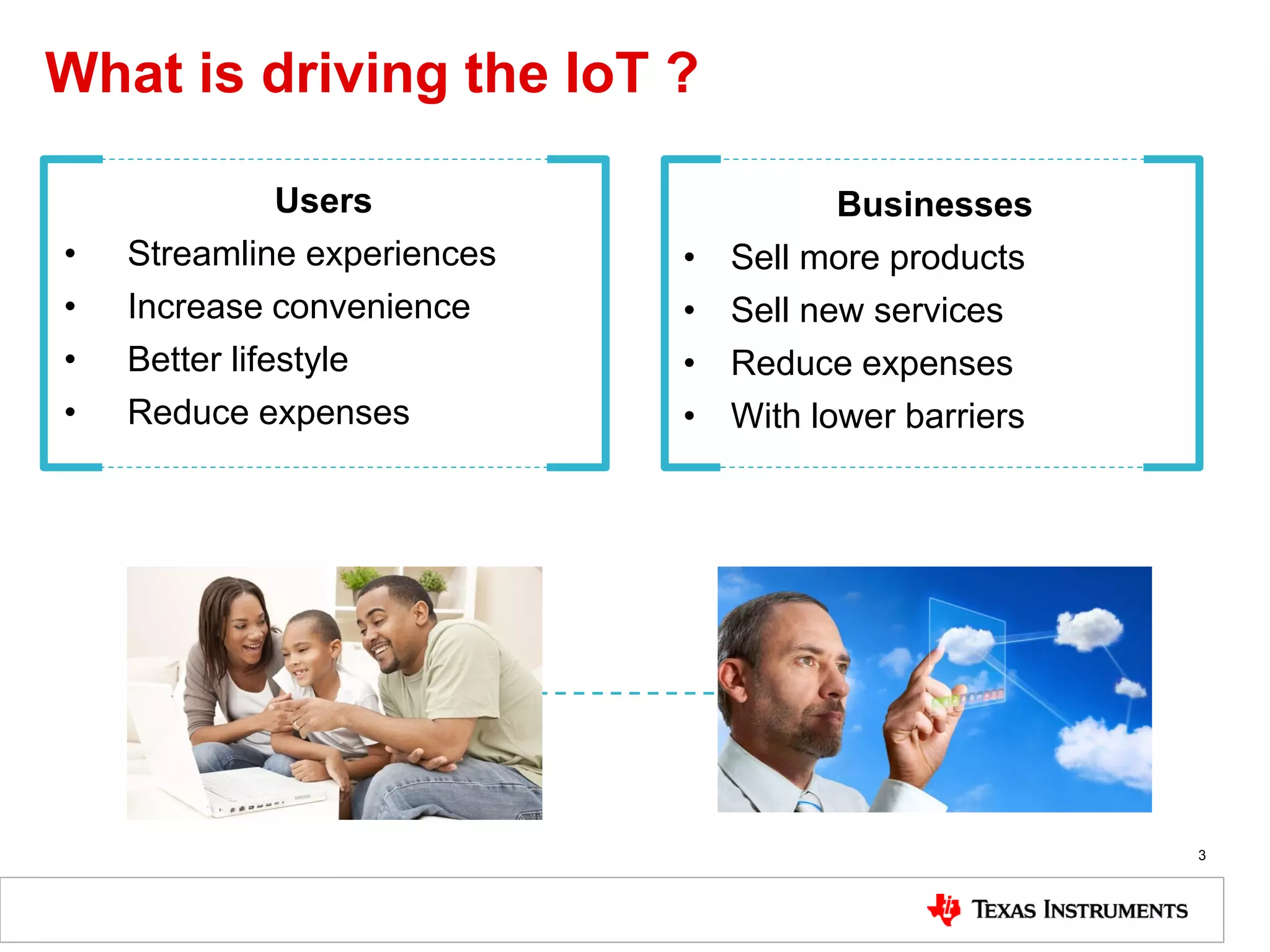 What is driving the IoT ?
3
Users
• Streamline experiences
• Increase convenience
• Better lifestyle
• Reduce expenses
Businesses
• Sell more products
• Sell new services
• Reduce expenses
• With lower barriers
 