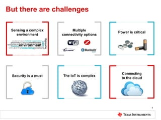 But there are challenges
9
Sensing a complex
environment
Multiple
connectivity options
Security is a must
Power is critica...
