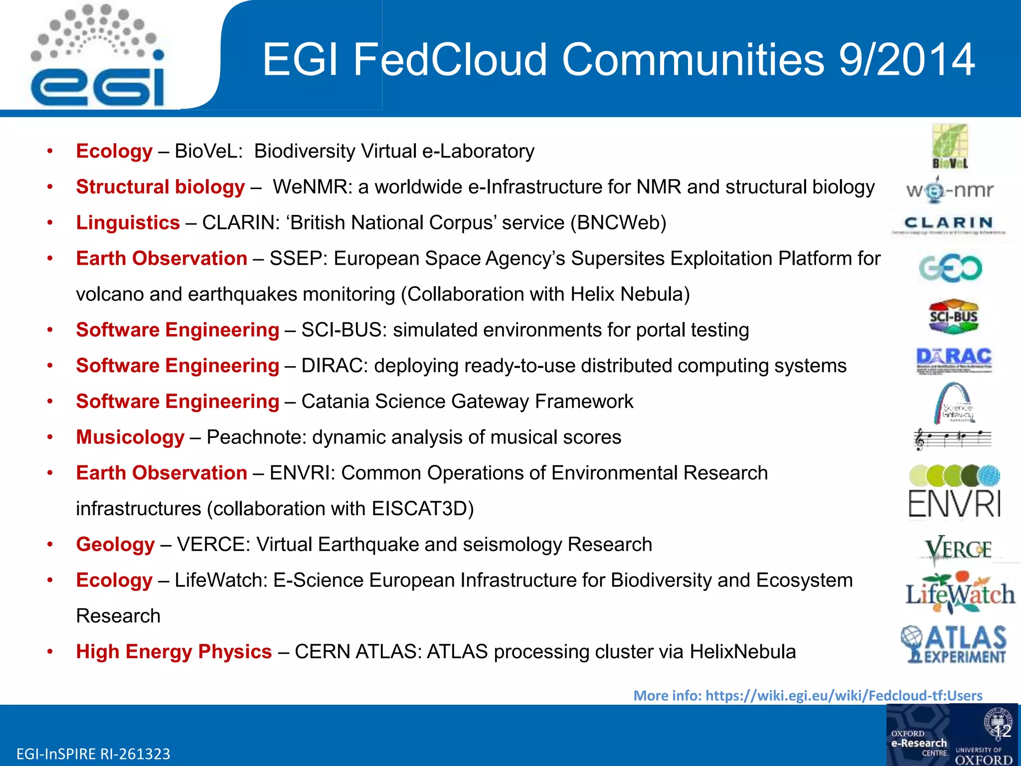 www.egi.euEGI-InSPIRE RI-261323
EGI FedCloud Communities 9/2014
• Ecology – BioVeL: Biodiversity Virtual e-Laboratory
• Structural biology – WeNMR: a worldwide e-Infrastructure for NMR and structural biology
• Linguistics – CLARIN: ‘British National Corpus’ service (BNCWeb)
• Earth Observation – SSEP: European Space Agency’s Supersites Exploitation Platform for
volcano and earthquakes monitoring (Collaboration with Helix Nebula)
• Software Engineering – SCI-BUS: simulated environments for portal testing
• Software Engineering – DIRAC: deploying ready-to-use distributed computing systems
• Software Engineering – Catania Science Gateway Framework
• Musicology – Peachnote: dynamic analysis of musical scores
• Earth Observation – ENVRI: Common Operations of Environmental Research
infrastructures (collaboration with EISCAT3D)
• Geology – VERCE: Virtual Earthquake and seismology Research
• Ecology – LifeWatch: E-Science European Infrastructure for Biodiversity and Ecosystem
Research
• High Energy Physics – CERN ATLAS: ATLAS processing cluster via HelixNebula
More info: https://wiki.egi.eu/wiki/Fedcloud-tf:Users
12
 