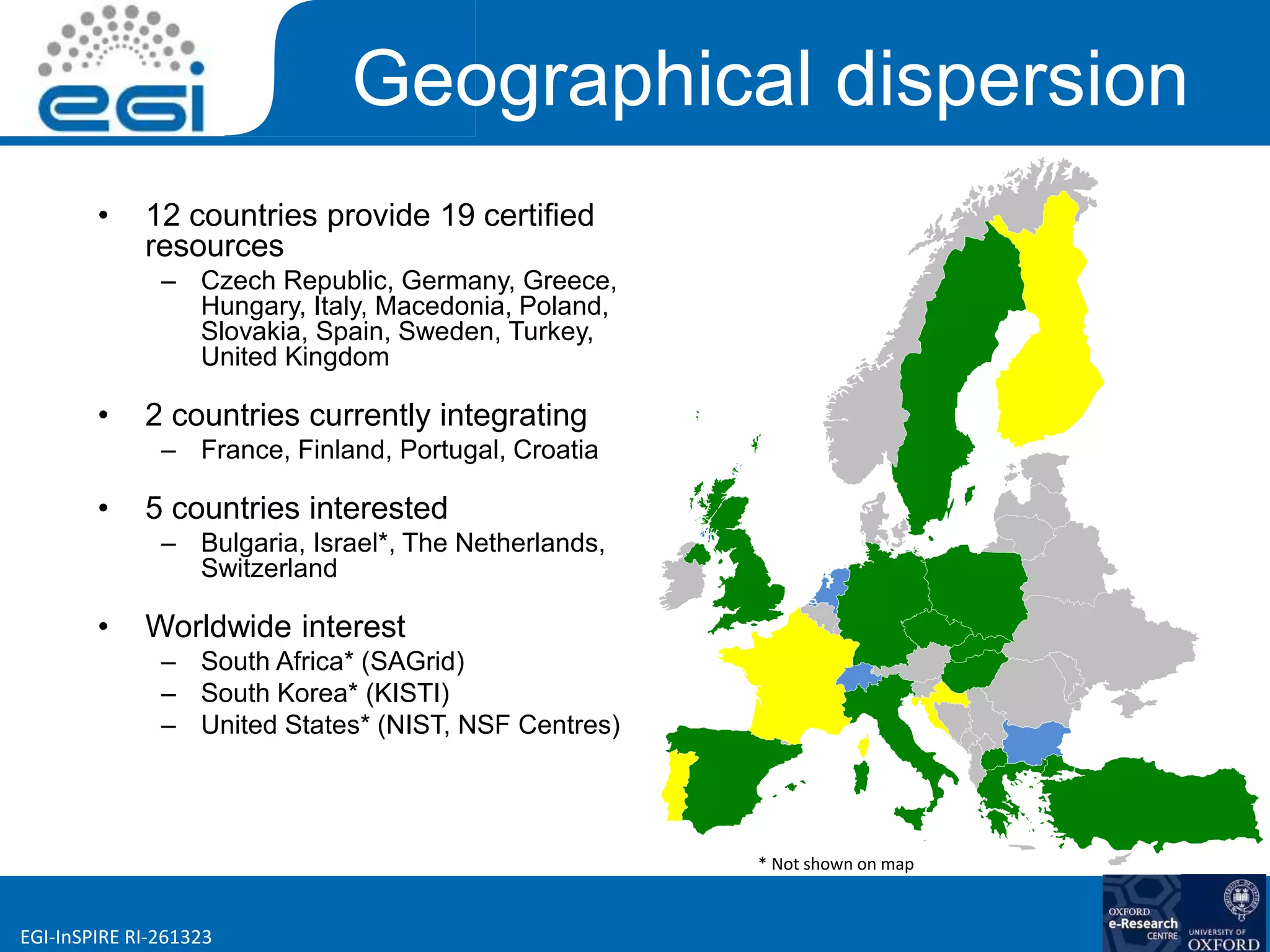 www.egi.euEGI-InSPIRE RI-261323
Geographical dispersion
• 12 countries provide 19 certified
resources
– Czech Republic, Germany, Greece,
Hungary, Italy, Macedonia, Poland,
Slovakia, Spain, Sweden, Turkey,
United Kingdom
• 2 countries currently integrating
– France, Finland, Portugal, Croatia
• 5 countries interested
– Bulgaria, Israel*, The Netherlands,
Switzerland
• Worldwide interest
– South Africa* (SAGrid)
– South Korea* (KISTI)
– United States* (NIST, NSF Centres)
* Not shown on map
 