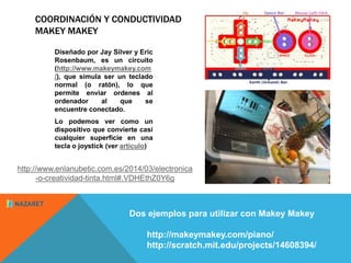 COORDINACIÓN Y CONDUCTIVIDAD 
MAKEY MAKEY 
Diseñado por Jay Silver y Eric 
Rosenbaum, es un circuito 
(http://www.makeymakey.com 
/), que simula ser un teclado 
normal (o ratón), lo que 
permite enviar ordenes al 
ordenador al que se 
encuentre conectado. 
Lo podemos ver como un 
dispositivo que convierte casi 
cualquier superficie en una 
tecla o joystick (ver artículo) 
http://www.enlanubetic.com.es/2014/03/electronica 
-o-creatividad-tinta.html#.VDHEthZ0Y6g 
Dos ejemplos para utilizar con Makey Makey 
http://makeymakey.com/piano/ 
http://scratch.mit.edu/projects/14608394/ 
 