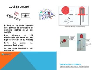 ¿QUÉ ES UN LED? 
El LED, es un diodo, elemento 
que permite la circulación de 
corriente eléctrica en un solo 
sentido. 
Para alimentar un LED 
necesitamos del orden de ente 
baja del orden de los 2V (Voltios), 
Emite luz cuando una 
corriente lo atraviesa. 
Se usa como indicador o para 
iluminación 
Imagen de: http://www.societyofrobots.com 
Recomiendo TUTOMICS: 
http://sarea.ikaskidetza.org/tutomics 
 