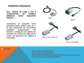 ROBÓTICA EDUCATIVA 
Con piezas de Lego y sus 4 
componentes de robótica 
podemos hacer pequeños 
móviles .... 
Crearemos un pequeño móvil 
(pequeño coche, polea, noria, etc..) 
al cual dotaremos de movimiento 
mediante programación con 
Scratch y utilizando una interfaz de 
conexión de LEGO por USB (hub), 
motor y/o sensores de objetos e 
inclinación. 
http://sarea.ikaskidetza.org 
http://epsarea.ikaskidetza.org 
http://www.enlanubetic.com.es/2014/03/mis-primeros-pasos-en-robotika- 
scratch.html#.VDG5rxZ0Y6g 
 