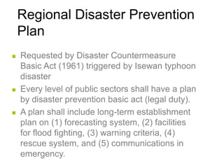 Regional Disaster Prevention
Plan
 Requested by Disaster Countermeasure
Basic Act (1961) triggered by Isewan typhoon
disaster
 Every level of public sectors shall have a plan
by disaster prevention basic act (legal duty).
 A plan shall include long-term establishment
plan on (1) forecasting system, (2) facilities
for flood fighting, (3) warning criteria, (4)
rescue system, and (5) communications in
emergency.
 