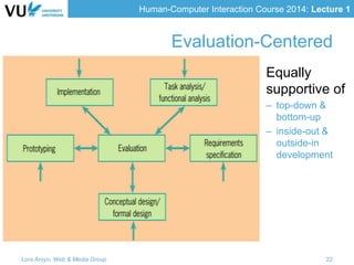 Human-Computer Interaction Course 2014: Lecture 1
Evaluation-Centered
Lora Aroyo, Web & Media Group 22
Equally
supportive of
– top-down &
bottom-up
– inside-out &
outside-in
development
 