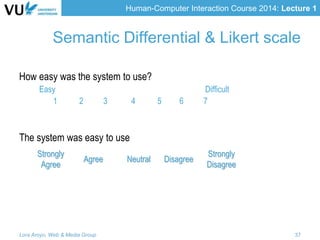 Human-Computer Interaction Course 2014: Lecture 1
How easy was the system to use?
Easy Difficult
1 2 3 4 5 6 7
The system was easy to use
Strongly
Agree
Agree Neutral Disagree
Strongly
Disagree
Lora Aroyo, Web & Media Group 37
Semantic Differential & Likert scale
 