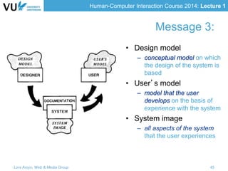 Human-Computer Interaction Course 2014: Lecture 1
• Design model
– conceptual model on which
the design of the system is
based
• User’s model
– model that the user
develops on the basis of
experience with the system
• System image
– all aspects of the system
that the user experiences
Lora Aroyo, Web & Media Group 45
Message 3:
 