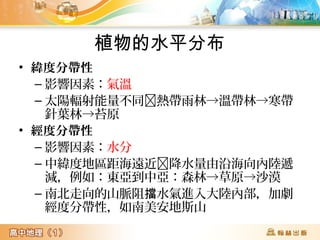 植物的水平分布
• 緯度分帶性
– 影響因素:氣溫
– 太陽輻射能量不同熱帶雨林→溫帶林→寒帶
針葉林→苔原
• 經度分帶性
– 影響因素:水分
– 中緯度地區距海遠近降水量由沿海向內陸遞
減,例如:東亞到中亞:森林→草原→沙漠
– 南北走向的山脈阻 水氣進入大陸內部,加劇擋
經度分帶性,如南美安地斯山