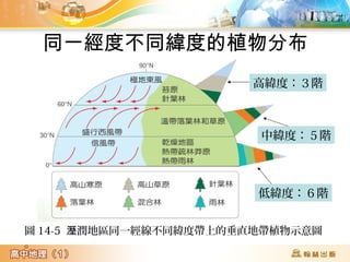 同一經度不同緯度的植物分布
高緯度:3階
中緯度:5階
低緯度:6階
圖 14-5 潤地區同一經線不同緯度帶上的垂直地帶植物示意圖溼
。