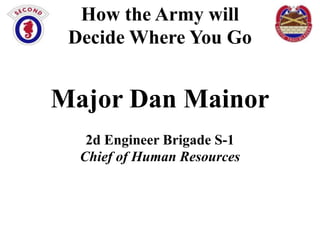 How the Army will
Decide Where You Go

Major Dan Mainor
2d Engineer Brigade S-1
Chief of Human Resources

 