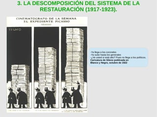 3. LA DESCOMPOSICIÓN DEL SISTEMA DE LA
RESTAURACIÓN (1917-1923).
-Ya llega a los coroneles
-Ya sube hasta los generales
-¿Ve usted si está alto? Pues no llega a los políticos.
Caricatura de Sileno publicada en
Blanco y Negro, octubre de 1922
 