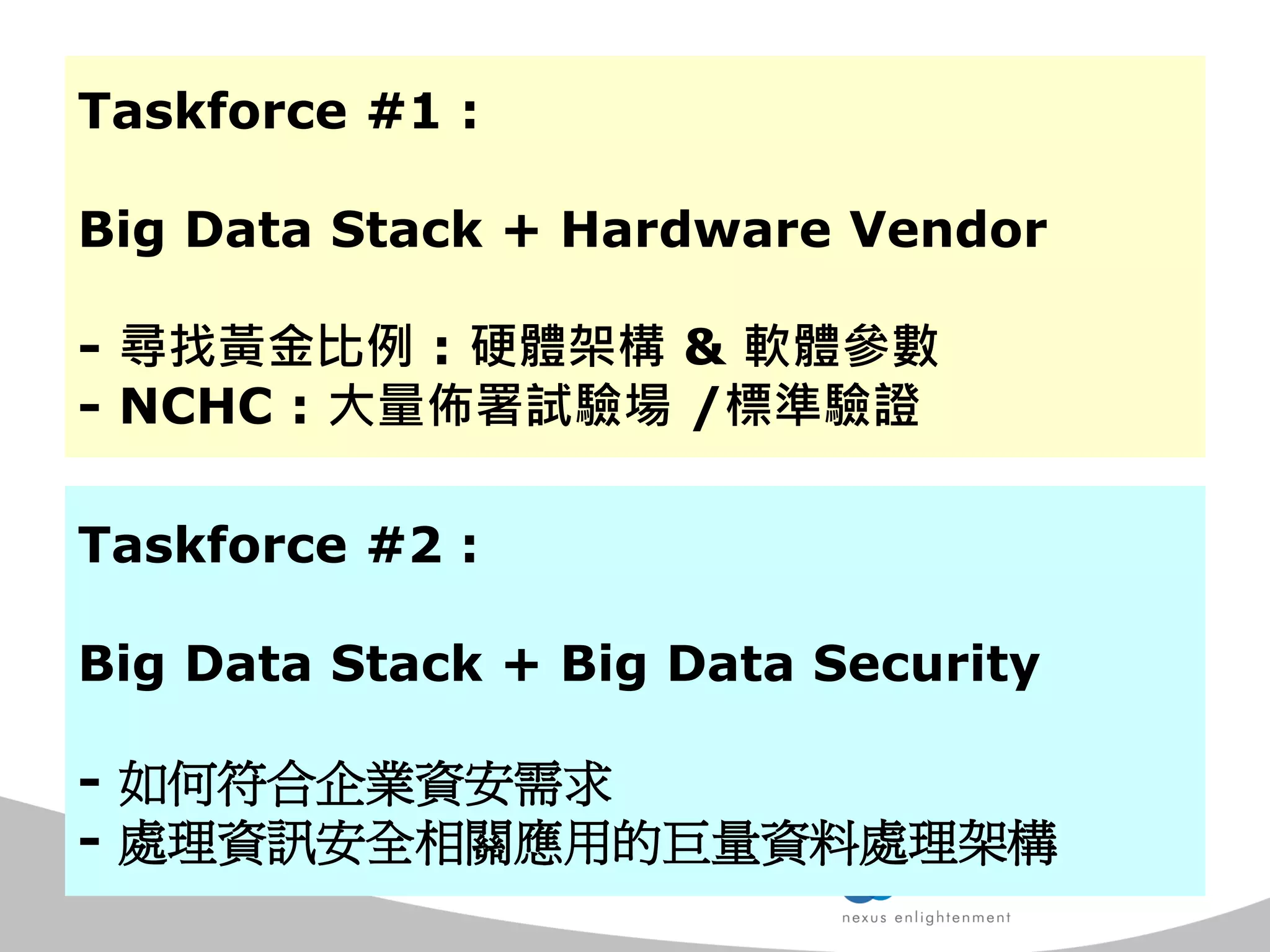 Taskforce #1 : Big Data Stack + Hardware Vendor - 尋找黃金比例 : 硬體架構 & 軟體參數 - NCHC : 大量佈署試驗場 /標準驗證 
Taskforce #2 : 
Big Data Stack + Big Data Security 
- 如何符合企業資安需求 
- 處理資訊安全相關應用的巨量資料處理架構  