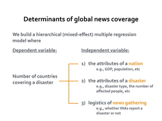 • The 
more 
people 
killed 
or 
affected 
by 
a 
disaster, 
the 
more 
countries 
the 
disaster 
will 
be 
covered 
in. 
 