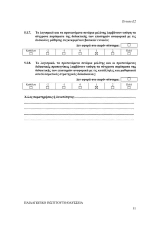 Έντυπο Ε2


5.Ι.7.   Το λογισμικό και τα προτεινόμενα σενάρια μελέτης λαμβάνουν υπόψη τα
         σύγχρονα πορίσματα της διδακτικής των επιστημών αναφορικά με τις
         δυσκολίες μάθησης συγκεκριμένων βασικών εννοιών;
                                    Δεν αφορά στο παρόν σύστημα:
 Καθόλου        -2         -1         0          1          2        Πολύ



5.Ι.8.   Το λογισμικό, τα προτεινόμενα σενάρια μελέτης και οι προτεινόμενες
         διδακτικές προσεγγίσεις λαμβάνουν υπόψη τα σύγχρονα πορίσματα της
         διδακτικής των επιστημών αναφορικά με τις κατάλληλες και μαθησιακά
         αποτελεσματικές στρατηγικές διδασκαλίας;
                                    Δεν αφορά στο παρόν σύστημα:
 Καθόλου        -2         -1         0          1          2        Πολύ



Άλλες παρατηρήσεις ή δυνατότητες:…………………………………………………
…………………………………………………………………………………………
…………………………………………………………………………………………
…………………………………………………………………………………………
…………………………………………………………………………………………




ΠΑΙΔΑΓΩΓΙΚΟ ΙΝΣΤΙΤΟΥΤΟ/ΟΔΥΣΣΕΙΑ
                                                                            11
 