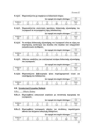 Έντυπο Ε2
8.Α.β.2. Παρουσιάζονται με σαφήνεια οι διδακτικοί στόχοι;
                                   Δεν αφορά στο παρόν σύστημα:
 Καθόλου       -2           -1       0          1           2        Πολύ


8.Α.β.3. Παρουσιάζονται αναλυτικές προτάσεις διδακτικής αξιοποίησης του
         λογισμικού σε συγκεκριμένες ώρες διδασκαλίας;
                                   Δεν αφορά στο παρόν σύστημα:
 Καθόλου       -2           -1       0          1           2        Πολύ


8.Α.β.4. Τα σενάρια διδακτικής αξιοποίησης του λογισμικού είναι σε εύρος και
         στρατηγικές κατάλληλα και πλούσια στα πλαίσια των υπαρχουσών
         εκπαιδευτικών συνθηκών;
                                   Δεν αφορά στο παρόν σύστημα:
 Καθόλου       -2           -1       0          1           2        Πολύ


8.Α.β.5. Δίδονται υποδείξεις για εναλλακτικά σενάρια διδακτικής αξιοποίησης
         του λογισμικού;
                                   Δεν αφορά στο παρόν σύστημα:
 Καθόλου       -2           -1       0          1           2        Πολύ


8.Α.β.6. Παρουσιάζεται βιβλιογραφία ή/και συμπληρωματικό υλικό για
         υποστήριξη του διδάσκοντα;
                                   Δεν αφορά στο παρόν σύστημα:
 Καθόλου       -2           -1       0          1           2        Πολύ


8.Β. Συνοδευτικό Εγχειρίδιο Μαθητή
8.Β.α.     Οδηγίες Χρήσης
8.Β.α.1. Περιλαμβάνει εισαγωγικό κεφάλαιο με συνοπτική περιγραφή του
         λογισμικού;
                                   Δεν αφορά στο παρόν σύστημα:
 Καθόλου       -2           -1       0          1           2        Πολύ


8.Β.α.2. Περιλαμβάνει λεπτομερείς οδηγίες για συνδέσεις, παραδείγματα
         οθονών και δείγματα εισαγωγής δεδομένων;
                                   Δεν αφορά στο παρόν σύστημα:
 Καθόλου       -2           -1       0          1           2        Πολύ

                                                                            23
 