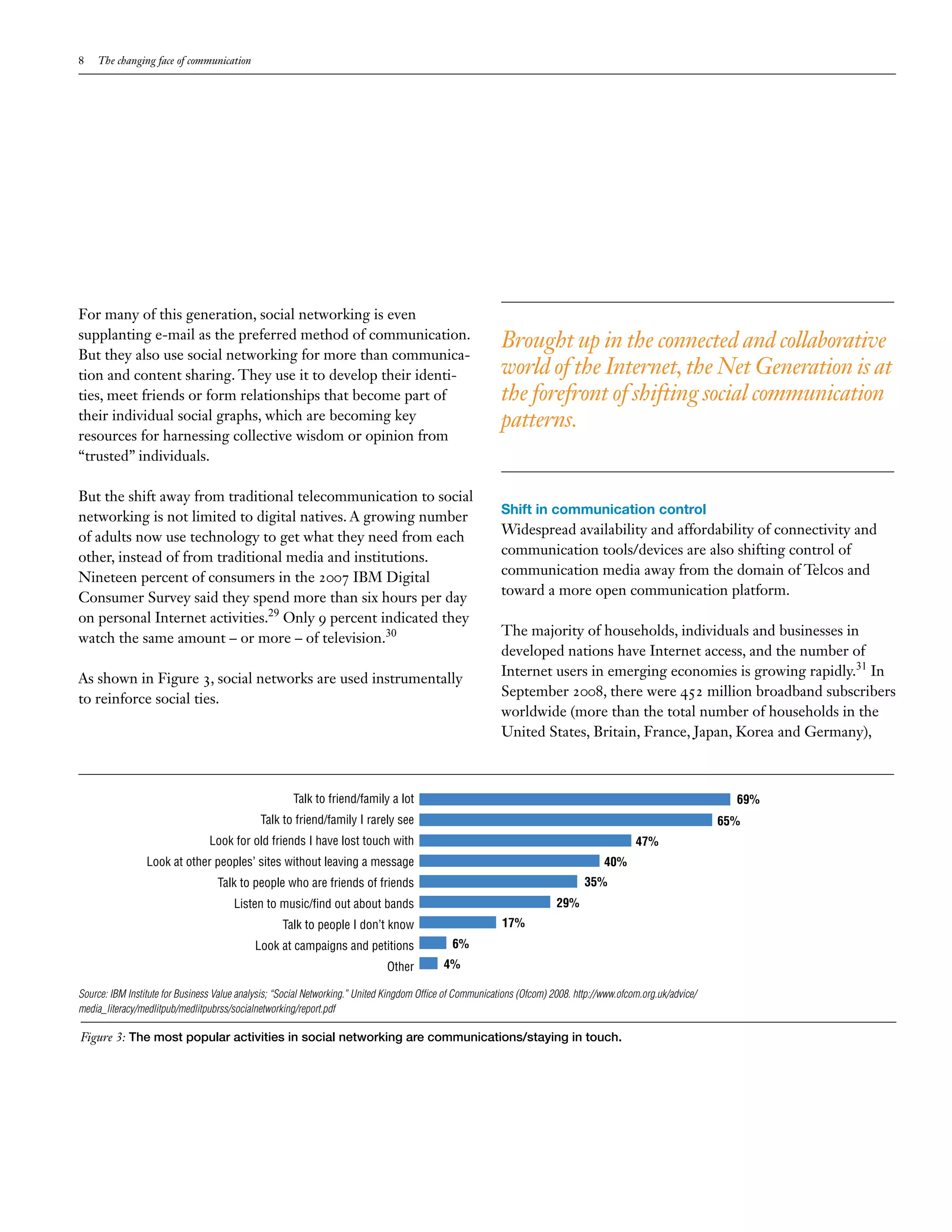 8    The changing face of communication




For many of this generation, social networking is even
supplanting e-mail as the preferred method of communication.
                                                                                                           Brought up in the connected and collaborative
But they also use social networking for more than communica-
tion and content sharing. They use it to develop their identi-                                             world of the Internet, the Net Generation is at
ties, meet friends or form relationships that become part of                                               the forefront of shifting social communication
their individual social graphs, which are becoming key                                                     patterns.
resources for harnessing collective wisdom or opinion from
“trusted” individuals.

But the shift away from traditional telecommunication to social
                                                                                                           Shift in communication control
networking is not limited to digital natives. A growing number
of adults now use technology to get what they need from each                                               Widespread availability and affordability of connectivity and
other, instead of from traditional media and institutions.                                                 communication tools/devices are also shifting control of
Nineteen percent of consumers in the 2007 IBM Digital                                                      communication media away from the domain of Telcos and
Consumer Survey said they spend more than six hours per day                                                toward a more open communication platform.
on personal Internet activities.29 Only 9 percent indicated they
                                                                                                           The majority of households, individuals and businesses in
watch the same amount – or more – of television.30
                                                                                                           developed nations have Internet access, and the number of
                                                                                                           Internet users in emerging economies is growing rapidly.31 In
As shown in Figure 3, social networks are used instrumentally
to reinforce social ties.                                                                                  September 2008, there were 452 million broadband subscribers
                                                                                                           worldwide (more than the total number of households in the
                                                                                                           United States, Britain, France, Japan, Korea and Germany),



                                                      Talk to friend/family a lot                                                                                 69%
                                              Talk to friend/family I rarely see                                                                                65%
                                 Look for old friends I have lost touch with                                                                 47%
                 Look at other peoples’ sites without leaving a message                                                              40%
                                   Talk to people who are friends of friends                                                    35%
                                       Listen to music/find out about bands                                              29%
                                                   Talk to people I don’t know                             17%
                                            Look at campaigns and petitions                    6%
                                                                              Other         4%

Source: IBM Institute for Business Value analysis; “Social Networking.” United Kingdom Office of Communications (Ofcom) 2008. http://www.ofcom.org.uk/advice/
media_literacy/medlitpub/medlitpubrss/socialnetworking/report.pdf

Figure 3: The most popular activities in social networking are communications/staying in touch.
 