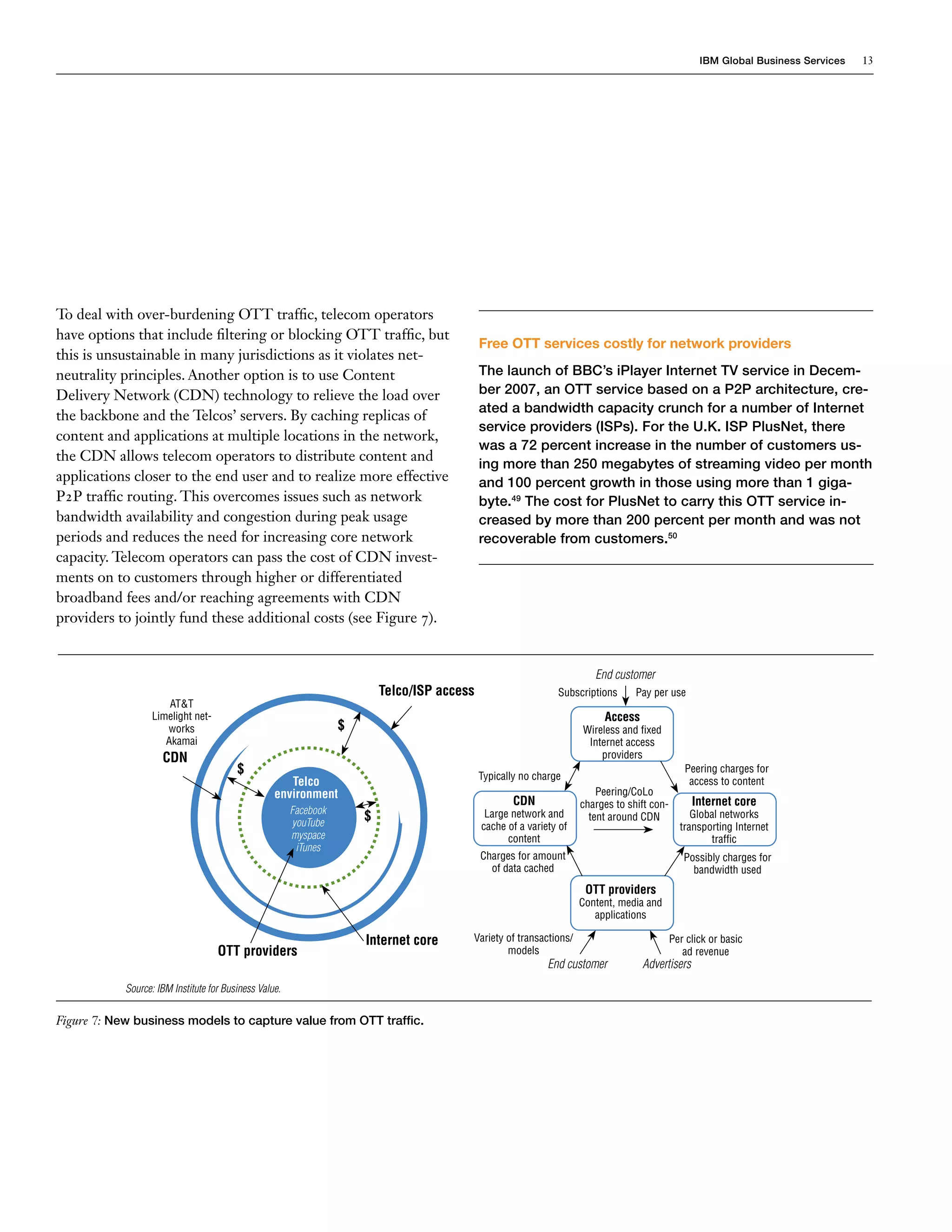 IBM Global Business Services   13




To deal with over-burdening OTT traffic, telecom operators
have options that include filtering or blocking OTT traffic, but
                                                                                              Free OTT services costly for network providers
this is unsustainable in many jurisdictions as it violates net-
neutrality principles. Another option is to use Content                                       The launch of BBC’s iPlayer Internet TV service in Decem-
Delivery Network (CDN) technology to relieve the load over                                    ber 2007, an OTT service based on a P2P architecture, cre-
                                                                                              ated a bandwidth capacity crunch for a number of Internet
the backbone and the Telcos’ servers. By caching replicas of
                                                                                              service providers (ISPs). For the U.K. ISP PlusNet, there
content and applications at multiple locations in the network,
                                                                                              was a 72 percent increase in the number of customers us-
the CDN allows telecom operators to distribute content and
                                                                                              ing more than 250 megabytes of streaming video per month
applications closer to the end user and to realize more effective                             and 100 percent growth in those using more than 1 giga-
P2P traffic routing. This overcomes issues such as network                                    byte.49 The cost for PlusNet to carry this OTT service in-
bandwidth availability and congestion during peak usage                                       creased by more than 200 percent per month and was not
periods and reduces the need for increasing core network                                      recoverable from customers.50
capacity. Telecom operators can pass the cost of CDN invest-
ments on to customers through higher or differentiated
broadband fees and/or reaching agreements with CDN
providers to jointly fund these additional costs (see Figure 7).


                                                                                                                         End customer
                                                                           Telco/ISP access                     Subscriptions      Pay per use
                       AT&T
                   Limelight net-                                                                                          Access
                      works                                        $                                                  Wireless and fixed
                      Akamai                                                                                           Internet access
                     CDN                                                                                                  providers
                                         $                                                    Typically no charge
                                                                                                                                                 Peering charges for
                                                      Telco                                                                                       access to content
                                                   environment                                                            Peering/CoLo
                                                                                                     CDN              charges to shift con-        Internet core
                                                        Facebook
                                                        youTube
                                                                       $                       Large network and        tent around CDN            Global networks
                                                                                              cache of a variety of                             transporting Internet
                                                        myspace                                     content                                            traffic
                                                         iTunes
                                                                                              Charges for amount                                 Possibly charges for
                                                                                                of data cached                                     bandwidth used
                                                                                                                       OTT providers
                                                                                                                      Content, media and
                                                                                                                         applications

                                                                       Internet core      Variety of transactions/                            Per click or basic
                                    OTT providers                                                 models                                         ad revenue
                                                                                                              End customer          Advertisers
            Source: IBM Institute for Business Value.

Figure 7: New business models to capture value from OTT traffic.
 