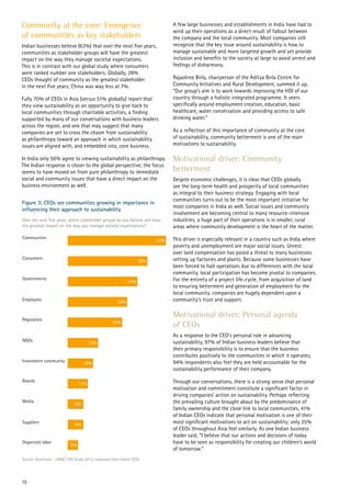 Community at the core: Emergence
of communities as key stakeholders
Indian businesses believe (63%) that over the next five years,
communities as stakeholder groups will have the greatest
impact on the way they manage societal expectations.
This is in contrast with our global study where consumers
were ranked number one stakeholders. Globally, 28%
CEOs thought of community as the greatest stakeholder
in the next five years; China was way less at 7%.
Fully 70% of CEOs in Asia (versus 51% globally) report that
they view sustainability as an opportunity to give back to
local communities through charitable activities, a finding
supported by many of our conversations with business leaders
across the region, and one that may suggest that many
companies are yet to cross the chasm from sustainability
as philanthropy toward an approach in which sustainability
issues are aligned with, and embedded into, core business.
In India only 56% agree to viewing sustainability as philanthropy.
The Indian response is closer to the global perspective; the focus
seems to have moved on from pure philanthropy to immediate
social and community issues that have a direct impact on the
business environment as well.
Figure 3: CEOs see communities growing in importance in
influencing their approach to sustainability
Communities
63%
Consumers
50%
Governments
44%
Employees 38%
Regulators
34%
NGOs 19%
Investment community 16%
Boards
13%
Media
9%
Suppliers 9%
Organized labor
6%
Source: Accenture – UNGC CEO Study 2013, responses from Indian CEOs
Over the next five years, which stakeholder groups do you believe will have
the greatest impact on the way you manage societal expectations?
A few large businesses and establishments in India have had to
wind up their operations as a direct result of fallout between
the company and the local community. Most companies still
recognize that the key issue around sustainability is how to
manage sustainable and more targeted growth and yet provide
inclusion and benefits to the society at large to avoid unrest and
feelings of disharmony.
Rajashree Birla, chairperson of the Aditya Birla Centre for
Community Initiatives and Rural Development, summed it up,
“Our group’s aim is to work towards improving the HDI of our
country through a holistic integrated programme. It veers
specifically around employment creation, education, basic
healthcare, water conservation and providing access to safe
drinking water.”
As a reflection of this importance of community at the core
of sustainability, community betterment is one of the main
motivations to sustainability.
Motivational driver: Community
betterment
Despite economic challenges, it is clear that CEOs globally
see the long-term health and prosperity of local communities
as integral to their business strategy. Engaging with local
communities turns out to be the most important initiative for
most companies in India as well. Social issues and community
involvement are becoming central to many resource-intensive
industries; a huge part of their operations is in smaller, rural
areas where community development is the heart of the matter.
This driver is especially relevant in a country such as India where
poverty and unemployment are major social issues. Unrest
over land compensation has posed a threat to many businesses
setting up factories and plants. Because some businesses have
been forced to halt operations due to differences with the local
community, local participation has become pivotal to companies.
For the entirety of a project life-cycle, from acquisition of land
to ensuring betterment and generation of employment for the
local community, companies are hugely dependent upon a
community’s trust and support.
Motivational driver: Personal agenda
of CEOs
As a response to the CEO’s personal role in advancing
sustainability, 97% of Indian business leaders believe that
their primary responsibility is to ensure that the business
contributes positively to the communities in which it operates;
94% respondents also feel they are held accountable for the
sustainability performance of their company.
Through our conversations, there is a strong sense that personal
motivation and commitment constitute a significant factor in
driving companies’ action on sustainability. Perhaps reflecting
the prevailing culture brought about by the predominance of
family ownership and the close link to local communities, 41%
of Indian CEOs indicate that personal motivation is one of their
most significant motivations to act on sustainability; only 25%
of CEOs throughout Asia feel similarly. As one Indian business
leader said, “I believe that our actions and decisions of today
have to be seen as responsibility for creating our children’s world
of tomorrow.”
15
 