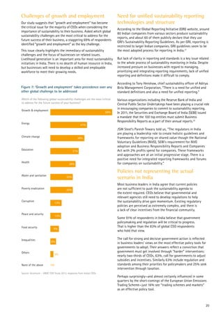 Challenges of growth and employment
Our study suggests that “growth and employment” has become
the critical issue for the majority of CEOs when considering the
importance of sustainability to their business. Asked which global
sustainability challenges are the most critical to address for the
future success of their business, a staggering 69% of respondents
identified “growth and employment” as the key challenge.
This issue clearly highlights the immediacy of sustainability
challenges and the focus of businesses on related issues.
Livelihood generation is an important area for most sustainability
initiatives in India. There is no dearth of human resource in India,
but businesses will need to develop a skilled and employable
workforce to meet their growing needs.
Growth & employment
41%
69%
Energy
Climate change 38%
Education 31%
Health
28%
Water and sanitation 25%
Poverty eradication 25%
Corruption
13%
Peace and security
13%
Food security 9%
Inequalities
Others
0%
Source: Accenture – UNGC CEO Study 2013, responses from Indian CEOs
Which of the following global sustainability challenges are the most critical
to address for the future success of your business?
3%
None of the above
6%
Figure 7: ‘Growth and employment’ takes precedence over any
other global challenge to be addressed
Need for unified sustainability reporting
technologies and structure
According to the Global Reporting Initiative (GRI) website, around
80 Indian companies from various sectors produce sustainability
reports, and about 60 of them publicly declare that they use
GRI’s Sustainability Reporting Guidelines. As per GRI, reporting is
restricted to larger Indian companies. GRI guidelines seem to be
the most adopted process for reporting in India.21
But lack of clarity in reporting and standards is a key issue related
to the whole process of sustainability monitoring in India. Despite
increased pressure on businesses with regard to managing,
prioritizing and integrating reporting requirements, lack of unified
reporting and definitions make it difficult to comply.
According to Tony Henshaw, chief sustainability officer of Aditya
Birla Management Corporation, “There is a need for unified and
standard definitions and also a need for unified reporting.”
Various organizations including the Reserve Bank of India and
Central Public Sector Undertakings have been playing a crucial role
in encouraging companies to commit to sustainability reporting.
In 2011, the Securities and Exchange Board of India (SEBI) issued
a mandate that the 100 top entities must submit Business
Responsibility Reports as a part of their annual reports.22
JSW Steel’s Paresh Tewary told us, “The regulators in India
are playing a leadership role to create holistic guidelines and
frameworks for reporting on shared value though the National
Voluntary Guidelines (NVG), SEBI’s requirement for NVG
adoption and Business Responsibility Reports and Companies
Act with 2% profits spend for companies. These frameworks
and approaches are at an initial progressive stage. There is a
positive need for integrated reporting frameworks and forums
for companies on sustainability.”
Policies not representing the actual
scenario in India
Most business leaders in India agree that current policies
are not sufficient to push the sustainability agenda to
the extent required. CEOs believe that governmental and
relevant agencies still need to develop regulations to help
the sustainability drive gain momentum. Existing regulatory
policies are perceived as extremely complex, and there is
a lack of clear incentives from the financial community.
Some 91% of respondents in India believe that government
policymaking and regulation will be critical to progress.
That is higher than the 83% of global CEO respondents
who hold that view.
The call for strong and decisive government action is reflected
in business leaders’ views on the most effective policy tools for
governments to adopt. Their answers reflect a conviction that
government must get involved through “harder” interventions:
nearly two-thirds of CEOs, 63%, call for governments to adjust
subsidies and incentives. Similarly 63% include regulation and
standards among their priorities for policymakers and 25% seek
intervention through taxation.
Perhaps surprisingly—and almost certainly influenced in some
quarters by the short-comings of the European Union Emissions
Trading Scheme—just 16% see “trading schemes and markets”
as an effective policy tool.
20
 