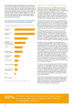 Building a sustainability business case
Despite economic pressures, many CEOs grasp the business
opportunity in taking a leadership position on sustainability.
The majority, 91%, see sustainability primarily as an opportunity
for growth and innovation, and 84% see it as a route to
competitive advantage in their industry. Approximately 97%
also believe that businesses should measure both positive and
negative impacts of their activities on sustainability outcomes,
and 100% of the respondents declare that they already do.
However, business leaders in many cases are unable to locate
and quantify the business value of sustainability; are struggling
to deliver the business case for action at scale; and see market
failure hindering business efforts to tackle global challenges.
Only 41% of the leaders believe that they are able to accurately
quantify the business value of their sustainability initiatives.
Most CEOs agreed that within the business community the
perception is that sustainability and economic value cannot
exist simultaneously. The returns are intangible compared to
a economic health. Convincing all stakeholders regarding the
feasibility of incorporating sustainability into the business is a
mammoth task. CEOs and business leaders recognize the need
to create an internal change in mind-set regarding sustainability.
Preparing a business case against an environmental case is
not always easily possible. Most business leaders agree that a
sustainability mind-set is best tested in an environment like the
current situation. Our conversations suggest that sustainability
continues to be pigeonholed as a marginal issue, still regarded by
many companies as an extra cost to be cut in the face of short-
term financial pressures, rather than as a core part of strategies
to generate value through revenue growth, cost reduction or
brand impact: 38% of CEOs report that economic conditions
have made it more difficult to embed sustainability into core
business. During difficult economic times, sustainability projects
tend to be pushed off to the side, and resources and capital
allocation to any projects or initiatives not contributing directly
to the bottom line is lowered.
This situation was pointed out by some of the business leaders
as a primary issue, especially because India is not yet a mature
market as far as sustainability is concerned. As Shankar Jadhav,
head of strategy and corporate communications at BSE put
it, “There is a need for the Indian corporates to migrate from
philanthropy and dominantly supporting traditional activities
such as religion and culture (which is not necessarily CSR) to
business sustainability.”
Some leaders in India also believe that there has been a mixed
reaction to the “triple bottom line” concept for stakeholders
along the social, environmental and economic axis. As Aditya
Birla’s Tony Henshaw put it, “Some don’t believe that it is
working; it may not be resonating with CEOs.”
Subsidies and
incentives
Regulation and
standards
Rule of law 41%
Investment in
development of the
local workforce/talent
34%
Taxation
25%
Information and
voluntary approaches
25%
Trading schemes
and markets
16%
Public investment
13%
International trade rules
9%
Public procurement
and purchasing
9%
Other
Source: Accenture – UNGC CEO Study 2013, responses from Indian CEOs
Which policy tools could be most effective for governments in promoting
sustainability in your industry?
0%None of the above
3%
63%
63%
Figure 8: Businesses call for governments to adjust subsidies
and incentives and prioritize regulations and standards
Clearly, CEOs want policy and regulation that can provide long-
term investment stability and clear impact, but they are wary of
future interventions that mimic previous failed initiatives such as
the Emissions Trading Scheme. The transition towards companies
promoting sustainability through the business case promised a
new era of market solutions to global challenges, but in the face
of limited progress business leaders are beginning to express
doubts over the potential for greater scale and speed without
active government intervention.
21
of CEOs in India believe that businesses should measure
both positive and negative impacts of their activities
on sustainability outcomes.
97%
 