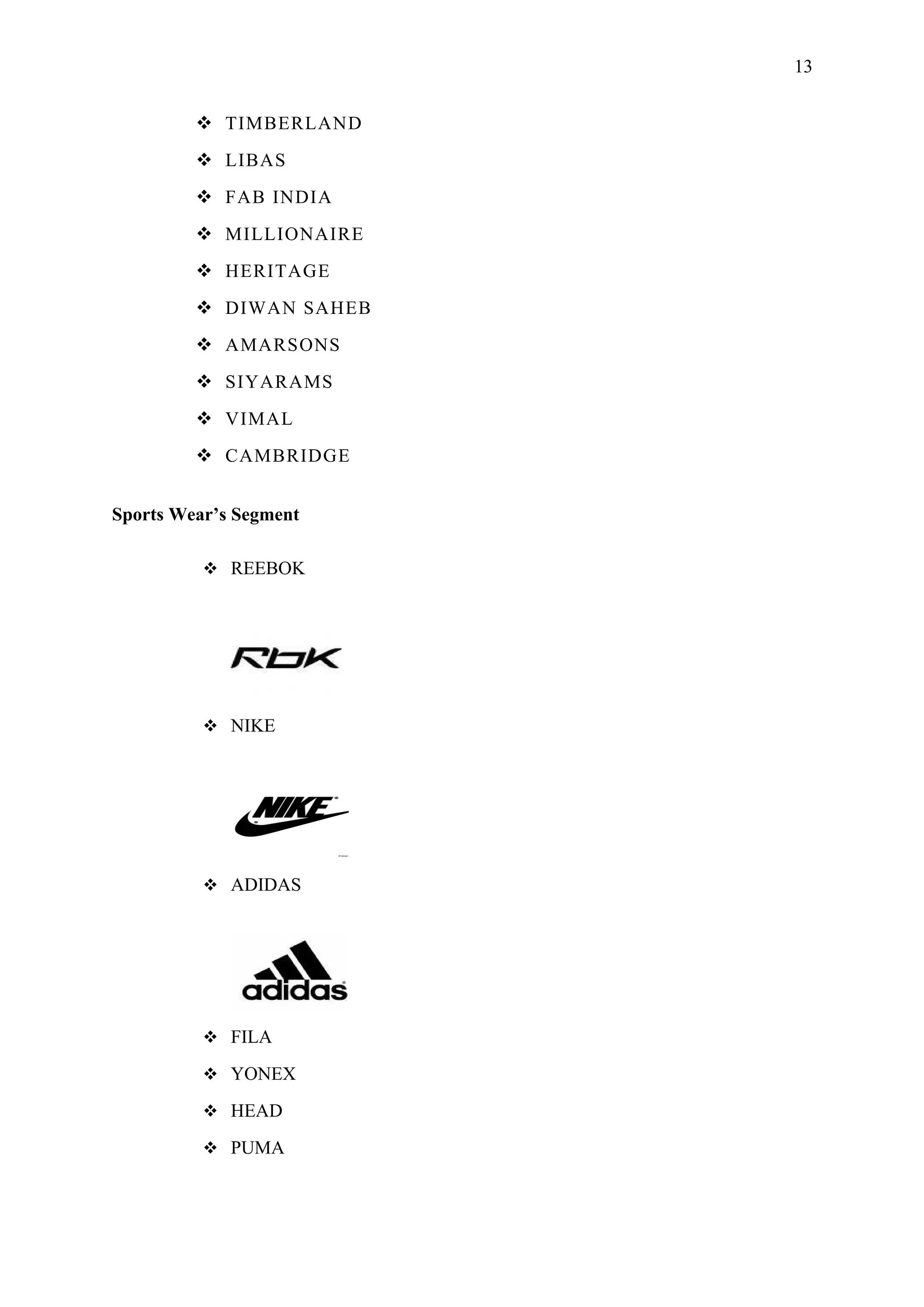 13


          TIMBERLAND
          LIBAS
          FAB INDIA
          MILLIONAIRE
          HERITAGE
          DIWAN SAHEB
          AMARSONS
          SIYARAMS
          VIMAL
          CAMBRIDGE


Sports Wear’s Segment

           REEBOK




           NIKE




           ADIDAS




           FILA

           YONEX

           HEAD

           PUMA
 
