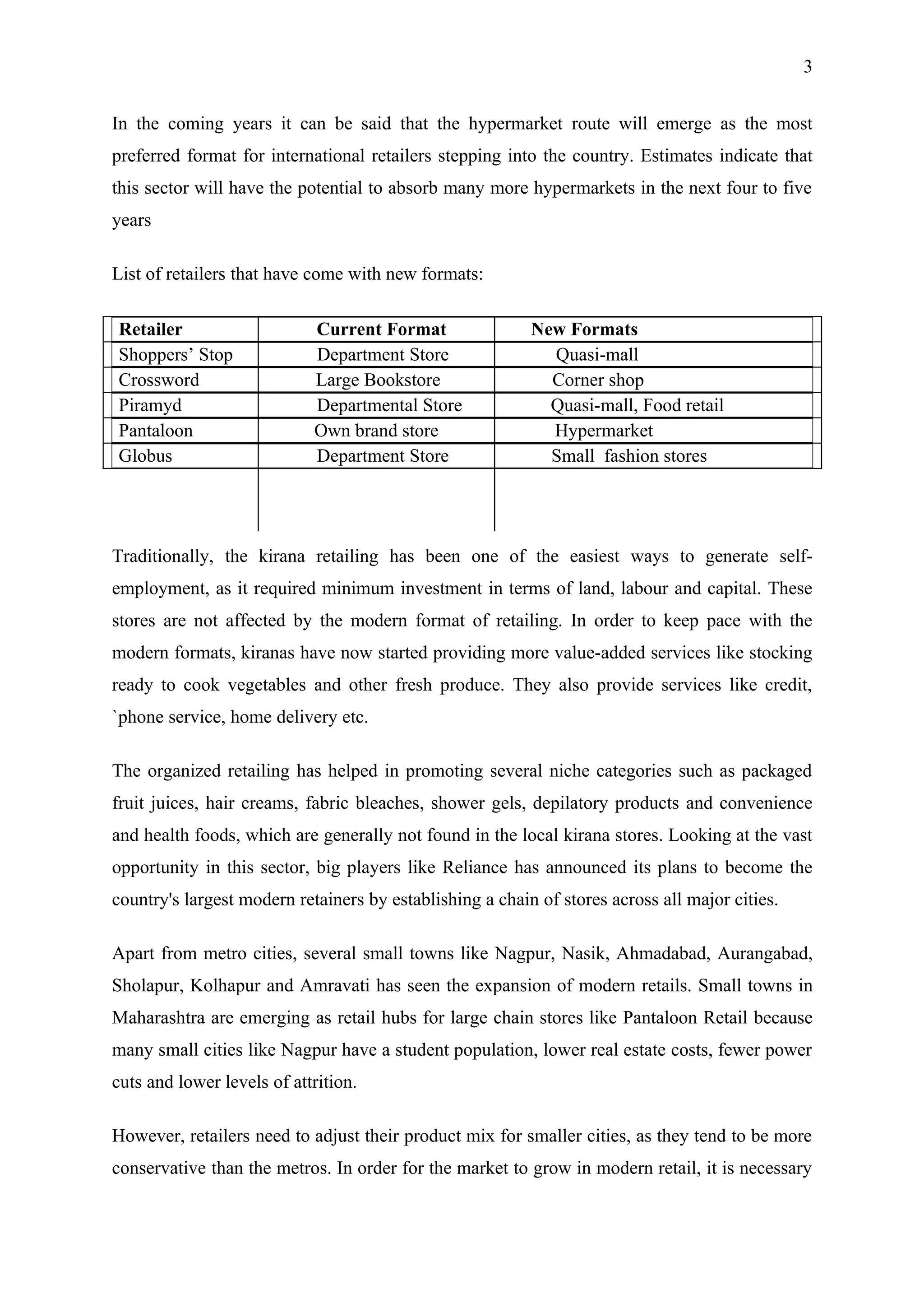 3


In the coming years it can be said that the hypermarket route will emerge as the most
preferred format for international retailers stepping into the country. Estimates indicate that
this sector will have the potential to absorb many more hypermarkets in the next four to five
years

List of retailers that have come with new formats:

Retailer                    Current Format                New Formats
Shoppers’ Stop              Department Store                Quasi-mall
Crossword                   Large Bookstore                 Corner shop
Piramyd                     Departmental Store              Quasi-mall, Food retail
Pantaloon                   Own brand store                 Hypermarket
Globus                      Department Store                Small fashion stores




Traditionally, the kirana retailing has been one of the easiest ways to generate self-
employment, as it required minimum investment in terms of land, labour and capital. These
stores are not affected by the modern format of retailing. In order to keep pace with the
modern formats, kiranas have now started providing more value-added services like stocking
ready to cook vegetables and other fresh produce. They also provide services like credit,
`phone service, home delivery etc.

The organized retailing has helped in promoting several niche categories such as packaged
fruit juices, hair creams, fabric bleaches, shower gels, depilatory products and convenience
and health foods, which are generally not found in the local kirana stores. Looking at the vast
opportunity in this sector, big players like Reliance has announced its plans to become the
country's largest modern retainers by establishing a chain of stores across all major cities.

Apart from metro cities, several small towns like Nagpur, Nasik, Ahmadabad, Aurangabad,
Sholapur, Kolhapur and Amravati has seen the expansion of modern retails. Small towns in
Maharashtra are emerging as retail hubs for large chain stores like Pantaloon Retail because
many small cities like Nagpur have a student population, lower real estate costs, fewer power
cuts and lower levels of attrition.

However, retailers need to adjust their product mix for smaller cities, as they tend to be more
conservative than the metros. In order for the market to grow in modern retail, it is necessary
 