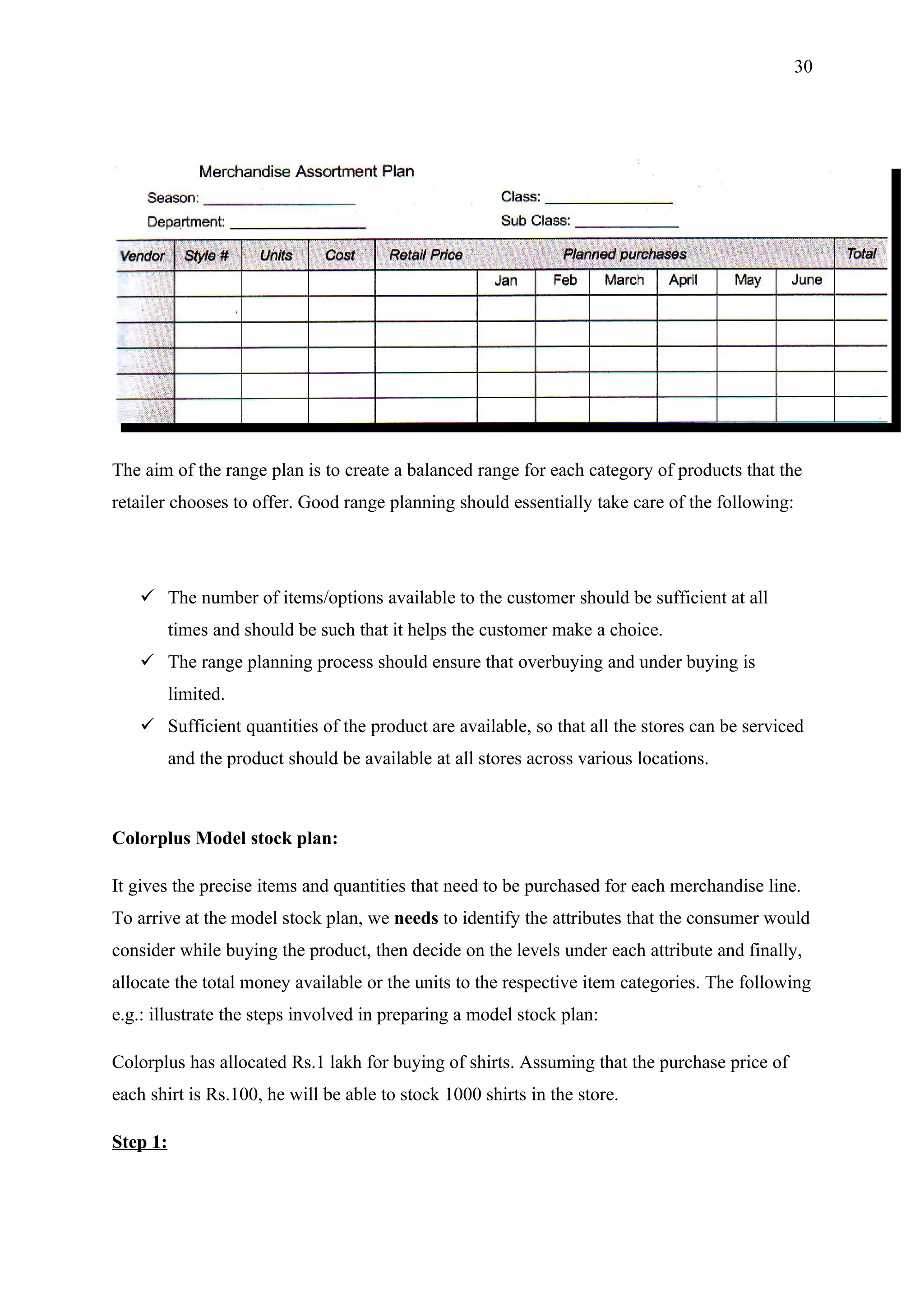 30




The aim of the range plan is to create a balanced range for each category of products that the
retailer chooses to offer. Good range planning should essentially take care of the following:




    The number of items/options available to the customer should be sufficient at all
          times and should be such that it helps the customer make a choice.
    The range planning process should ensure that overbuying and under buying is
          limited.
    Sufficient quantities of the product are available, so that all the stores can be serviced
          and the product should be available at all stores across various locations.



Colorplus Model stock plan:

It gives the precise items and quantities that need to be purchased for each merchandise line.
To arrive at the model stock plan, we needs to identify the attributes that the consumer would
consider while buying the product, then decide on the levels under each attribute and finally,
allocate the total money available or the units to the respective item categories. The following
e.g.: illustrate the steps involved in preparing a model stock plan:

Colorplus has allocated Rs.1 lakh for buying of shirts. Assuming that the purchase price of
each shirt is Rs.100, he will be able to stock 1000 shirts in the store.

Step 1:
 