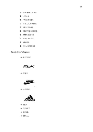 13


          TIMBERLAND
          LIBAS
          FAB INDIA
          MILLIONAIRE
          HERITAGE
          DIWAN SAHEB
          AMARSONS
          SIYARAMS
          VIMAL
          CAMBRIDGE


Sports Wear’s Segment

           REEBOK




           NIKE




           ADIDAS




           FILA

           YONEX

           HEAD

           PUMA
 