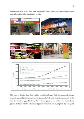 4


that steps are taken for rewriting laws, restructuring the tax regime, accessing and developing
new skills and investing significantly in India.




This chart is showing three lines mainly, overall retail sales; food, beverages and tobacco
segment sales and clothing sales. And here researcher’s focus is on clothing segment. So let
now discuss about apparel industry. As we know apparel is one of the basic needs of any
person. And now in India, either a rural person or an urban person, all prefer these easy and
 