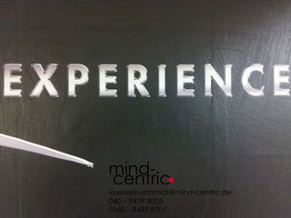 Er hat sich ein sehr fundiertes Wissen, sowohl im methodischen als auch im
gestalterischen Bereich angeeignet und versteht sich als Berater und Gestalter im
Rahmen von „User Centered Design Prozessen“, als User Researcher und UX-Konzepter
für die nutzerzentrierte Produktentwicklung in Verbindung mit markenkonformer
Kommunikation.
Sein Blickwinkel ist aufgrund intensiver, psychologischer Forschung für große DAX-
Unternehmen sehr stark für die menschliche Wahrnehmung und Experience sensibilisiert.
Er arbeitet häufig für Kunden aus dem Finanzsektor und der Consumer- und
Automobilbranche.
„Emotional Design findet im Kopf der Nutzer statt“
Olde Lorenzen-Schmidt ist Inhaber von mind-centric.
Er arbeitet seit über 14 Jahren als leitender Berater und
Researcher im Customer- & User Experience Umfeld, u.a.
lange auf Institutsseite (GfK SirValUse, implicit diagnostics
& solutions) und auf Unternehmensseite (Microsoft,
comdirect bank AG).
 