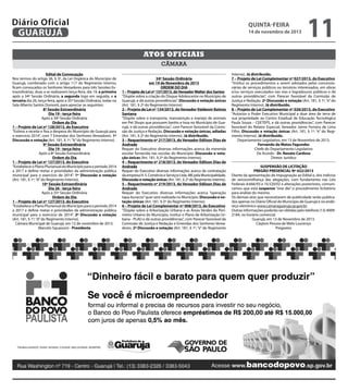 Diário Oficial
GUARUJÁ

quinta-feira

14 de novembro de 2013

11

Atos oficiais
câmara
Edital de Convocação
Nos termos do artigo 36, § 3º, da Lei Orgânica do Município de
Guarujá, combinado com o artigo 117 do Regimento Interno,
ficam convocados os Senhores Vereadores para três Sessões Extraordinárias, duas a se realizarem terça-feira, dia 19, a primeira
após a 34ª Sessão Ordinária, a segunda logo em seguida, e a
terceira dia 26, terça-feira, após a 35ª Sessão Ordinária, todas na
Sala Alberto Santos Dumont, para apreciar as seguintes:
8ª Sessão Extraordinária
Dia 19 - terça-feira
Após a 34ª Sessão Ordinária
Ordem do Dia
1 – Projeto de Lei nº 128/2013, do Executivo
“Estima a receita e fixa a despesa do Município de Guarujá para
o exercício 2014”, com 7 Emendas dos Senhores Vereadores. 1ª
Discussão e votação (Art. 181, § 1º, “b” do Regimento Interno).
9ª Sessão Extraordinária
Dia 19 - terça-feira
Após a 8ª Sessão Extraordinária
Ordem do Dia
1 – Projeto de Lei nº 127/2013, do Executivo
“Estabelece o Plano Plurianual do Município para o período 2014
a 2017 e define metas e prioridades da administração pública
municipal para o exercício de 2014”. 1ª Discussão e votação
(Art. 181, § 1º, “d” do Regimento Interno).
10ª Sessão Extraordinária
Dia 26 - terça-feira
Após a 35ª Sessão Ordinária
Ordem do Dia
1 – Projeto de Lei nº 127/2013, do Executivo
“Estabelece o Plano Plurianual do Município para o período 2014
a 2017 e define metas e prioridades da administração pública
municipal para o exercício de 2014”. 2ª Discussão e votação
(Art. 181, § 1º, “d” do Regimento Interno).
Câmara Municipal de Guarujá, em 12 de novembro de 2013.
Marcelo Squassoni - Presidente

34ª Sessão Ordinária
em 19 de Novembro de 2013
ORDEM DO DIA
1 – Projeto de Lei nº 137/2013, do Vereador Walter dos Santos
“Dispõe sobre a criação do Disque Adolescente no Município de
Guarujá, e dá outras providências”. Discussão e votação únicas
(Art. 181, § 2º do Regimento Interno).
2 – Projeto de Lei nº 134/2013, do Vereador Valdemir Batista
Santana
“Dispõe sobre o transporte, manutenção e manejo de animais
em Pet Shops que possuem banho e tosa no Município de Guarujá, e dá outras providências”, com Parecer favorável da Comissão de Justiça e Redação. Discussão e votação únicas, adiadas
(Art. 181, § 2º do Regimento Interno). Já distribuído.
3 – Requerimento nº 217/2013, do Vereador Edilson Dias de
Andrade
Requer do Executivo diversas informações acerca da merenda
escolar fornecida nas escolas do Município. Discussão e votação únicas (Art. 181, § 2º do Regimento Interno).
4 – Requerimento nº 218/2013, do Vereador Edilson Dias de
Andrade
Requer do Executivo diversas informações acerca da contratação
da empresa H. S. Comércio e Serviços Ltda. ME pela Municipalidade.
Discussão e votação únicas (Art. 181, § 2º do Regimento Interno).
5 – Requerimento nº 219/2013, do Vereador Edilson Dias de
Andrade
Requer do Executivo diversas informações acerca “operação
tapa-buracos” quer será realizada no Município. Discussão e votação únicas (Art. 181, § 2º do Regimento Interno).
6 – Projeto de Lei Complementar nº 008/2013, do Executivo
“Dispõe sobre a Arborização Urbana e as Áreas Verdes do Perímetro Urbano do Município, institui o Plano de Arborização Urbana - PLAU e dá outras providências”, com Parecer favorável da
Comissão de Justiça e Redação e Emendas dos Senhores Vereadores. 2ª Discussão e votação (Art. 181, § 1º, “e” do Regimento

Interno). Já distribuído.
7 – Projeto de Lei Complementar nº 027/2013, do Executivo
“Institui os procedimentos a serem adotados pelas concessionárias de serviços públicos ou terceiros interessados, em obras
e/ou serviços executados nas vias e logradouros públicos e dá
outras providências”, com Parecer favorável da Comissão de
Justiça e Redação. 2ª Discussão e votação (Art. 181, § 1º, “e” do
Regimento Interno). Já distribuído.
8 – Projeto de Lei Complementar nº 026/2013, do Executivo
“Autoriza o Poder Executivo Municipal a doar área de terra de
sua propriedade ao Centro Estadual de Educação Tecnológica
Paula Souza – CEETEPS, e dá outras providências”, com Parecer
favorável do Relator Especial, Vereador Jaime Ferreira de Lima
Filho. Discussão e votação únicas (Art. 181, § 1º, “e” do Regimento Interno). Já distribuído.
Departamento Legislativo, em 13 de Novembro de 2013.
Fernando de Matos Fagundes
Chefe do Departamento Legislativo
De Acordo - Dr. Renato Cardoso
Diretor Jurídico
SUSPENSÃO DE LICITAÇÃO
PREGÃO PRESENCIAL Nº 022/2013
Diante da apresentação de impugnação ao Edital e, dos indícios
de verossimilhança das alegações, com fundamento nas Leis
Federais 8.666/93 e 10.520/02 e alterações posteriores, comunicamos que está suspenso “sine die” o procedimento licitatório
para análise do mesmo.
Os demais atos que necessitarem de publicidade serão publicados apenas no Diário Oficial do Município de Guarujá e no endereço eletrônico www.camaraguaruja.sp.gov.br.
Outras informações poderão ser obtidas pelo telefone (13) 40092184, no horário comercial.
Guarujá, em 13 de Novembro de 2013.
Clayton Pessoa de Melo Lourenço
Pregoeiro

 