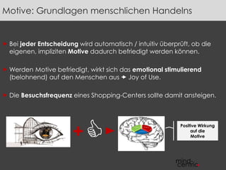 Motive: Grundlagen menschlichen Handelns 
 Bei jeder Entscheidung wird automatisch / intuitiv überprüft, ob die 
eigenen, impliziten Motive dadurch befriedigt werden können. 
Werden Motive befriedigt, wirkt sich das emotional stimulierend 
(belohnend) auf den Menschen aus  Joy of Use. 
 Die Besuchsfrequenz eines Shopping-Centers sollte damit ansteigen. 
Positive Wirkung 
auf die 
Motive 
+ 
 
