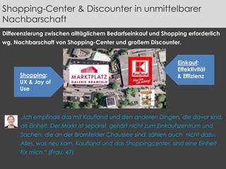 Shopping-Center & Discounter in unmittelbarer 
Nachbarschaft 
Differenzierung zwischen alltäglichem Bedarfseinkauf und Shopping erforderlich 
wg. Nachbarschaft von Shopping-Center und großem Discounter. 
Shopping: 
UX & Joy of 
Use 
Einkauf: 
Effektivität 
& Effizienz 
„Ich empfinde das mit Kaufland und den anderen Dingen, die davor sind, 
als Einheit. Der Markt ist separat, gehört nicht zum Einkaufszentrum und 
Sachen, die an der Bramfelder Chaussee sind, zählen auch nicht dazu. 
Alles, was neu kam, Kaufland und das Shoppingcenter, sind eine Einheit 
für mich.“ (Frau, 47) 
 
