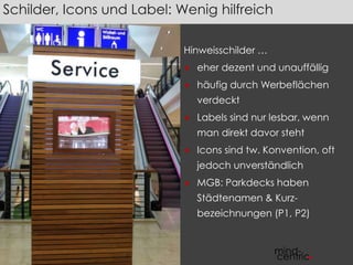 Hinweisschilder … 
 eher dezent und unauffällig 
 häufig durch Werbeflächen 
verdeckt 
 Labels sind nur lesbar, wenn 
man direkt davor steht 
 Icons sind tw. Konvention, oft 
jedoch unverständlich 
 MGB: Parkdecks haben 
Städtenamen & Kurz-bezeichnungen 
(P1, P2) 
Schilder, Icons und Label: Wenig hilfreich 
 