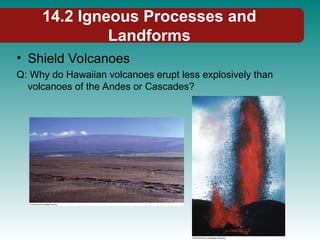 14.2 Igneous Processes and
Landforms
• Shield Volcanoes
Q: Why do Hawaiian volcanoes erupt less explosively than
volcanoes of the Andes or Cascades?
 